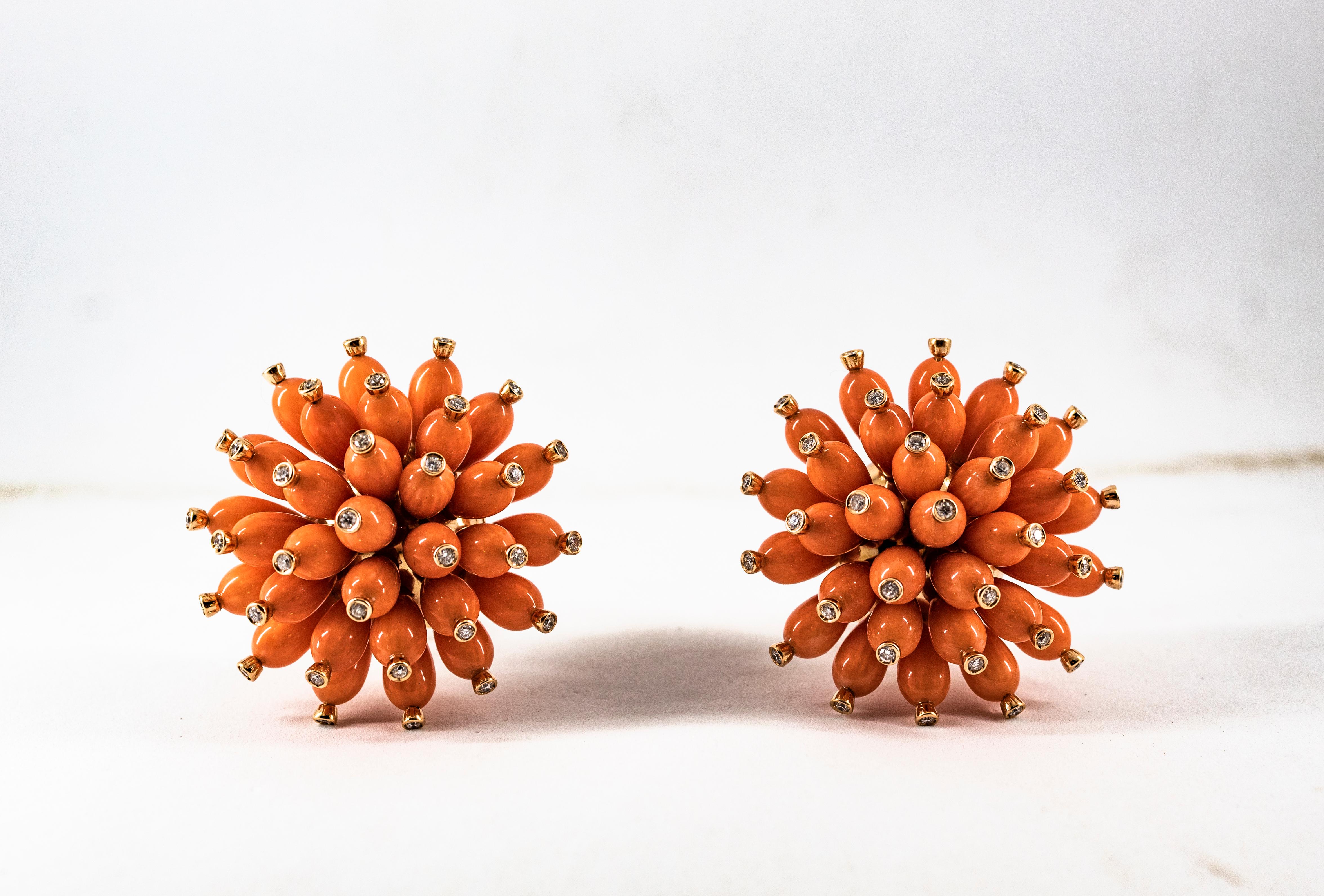 Handgefertigte mediterrane pfirsichfarbene Koralle Weißer Diamant Gelbgold Ohrhänger im Angebot 12