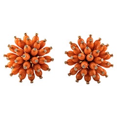 Handcrafted Mediterranean Peach Coral White Diamond Yellow Gold Dangle Earrings