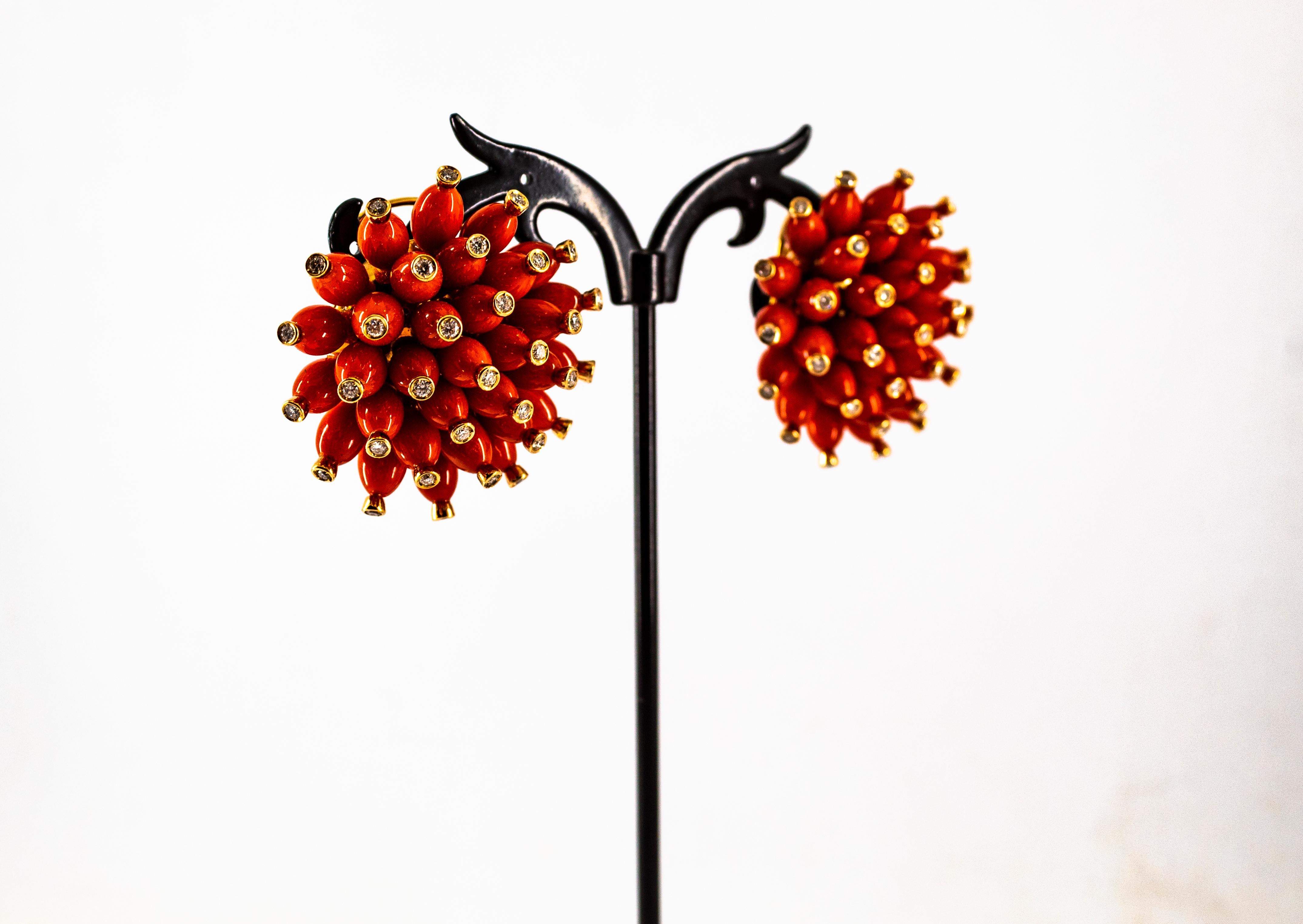 Handcrafted Mediterranean Red Coral White Diamond Yellow Gold Dangle Earrings For Sale 4