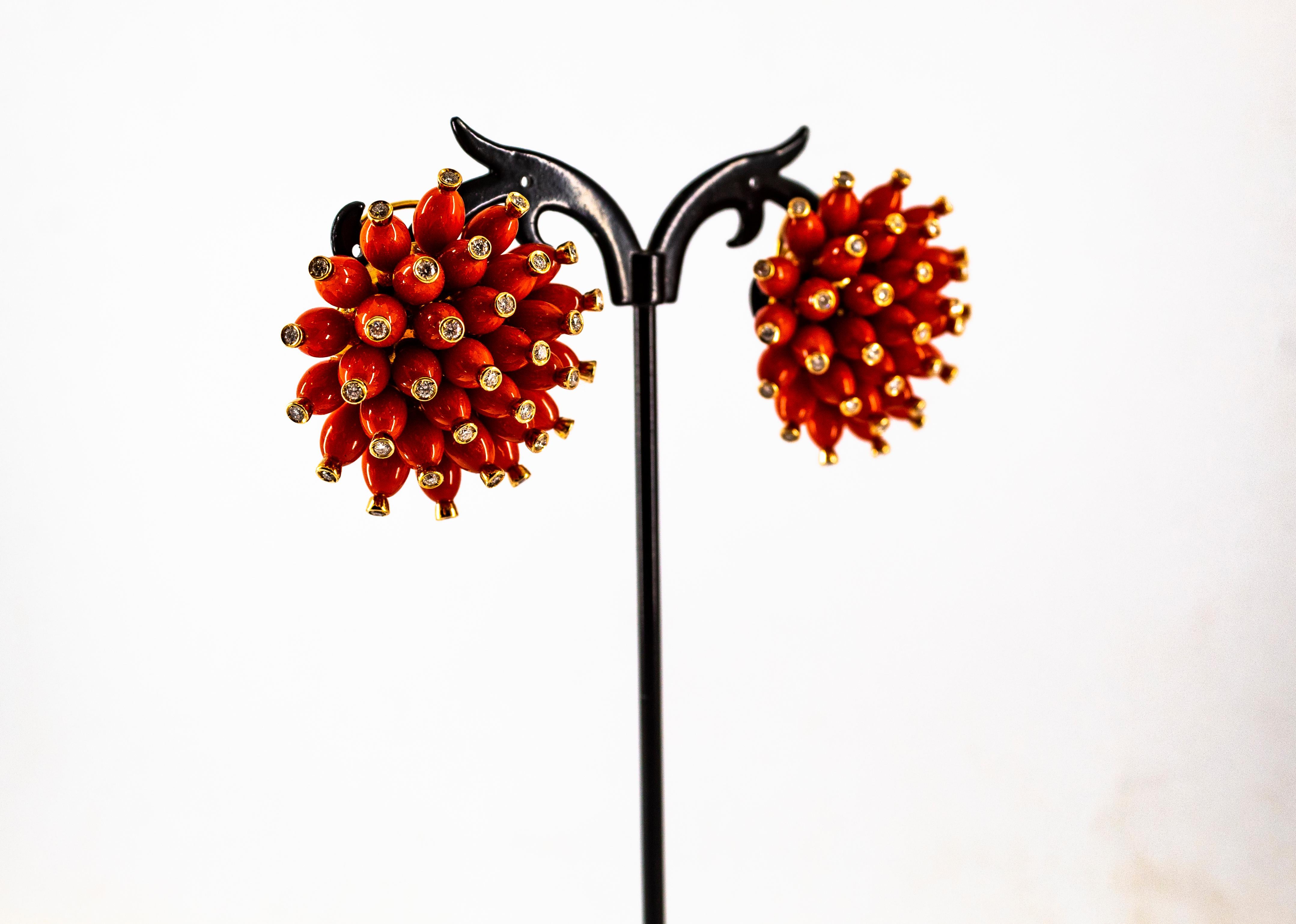 Handcrafted Mediterranean Red Coral White Diamond Yellow Gold Dangle Earrings For Sale 5