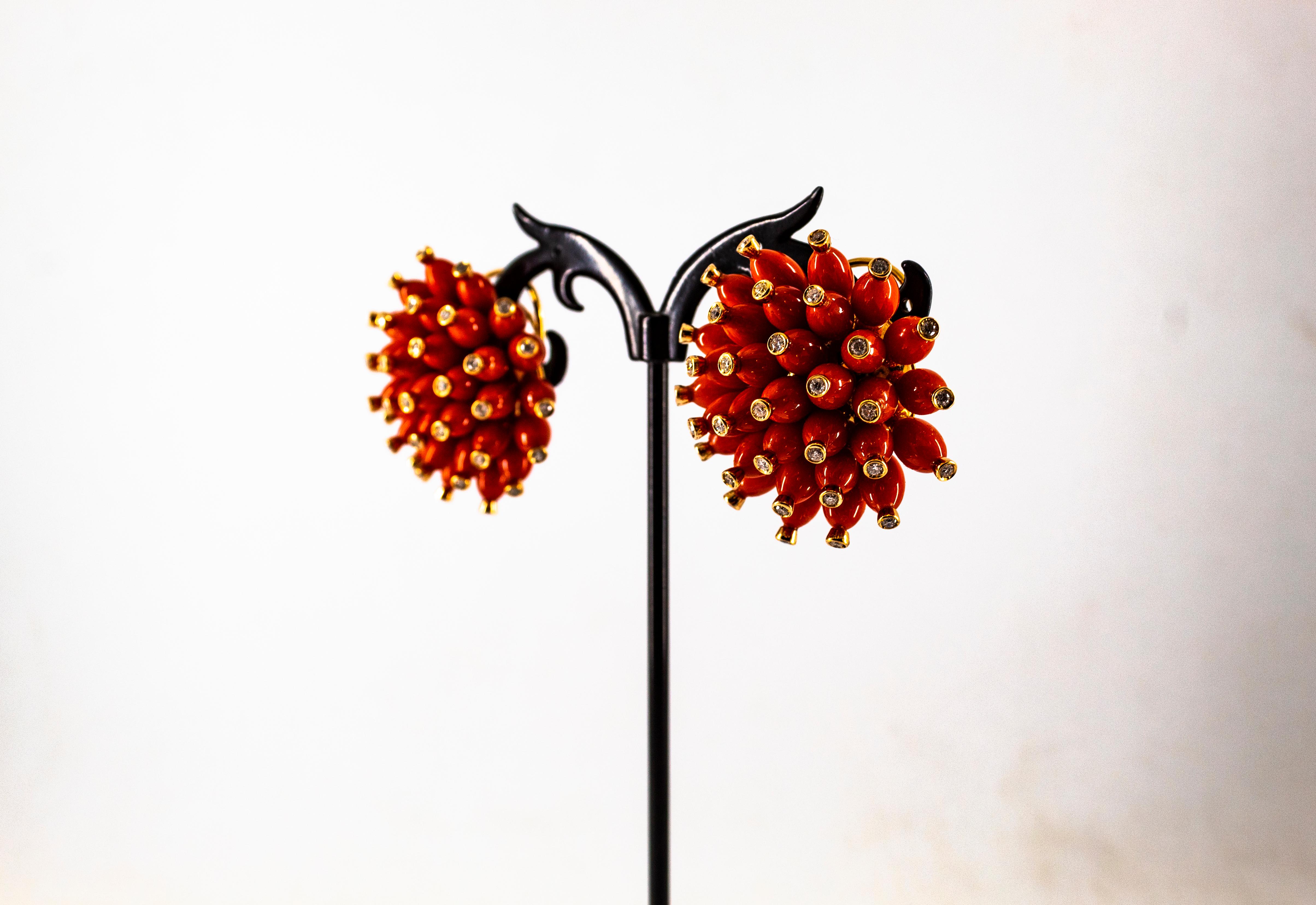 Handcrafted Mediterranean Red Coral White Diamond Yellow Gold Dangle Earrings For Sale 7