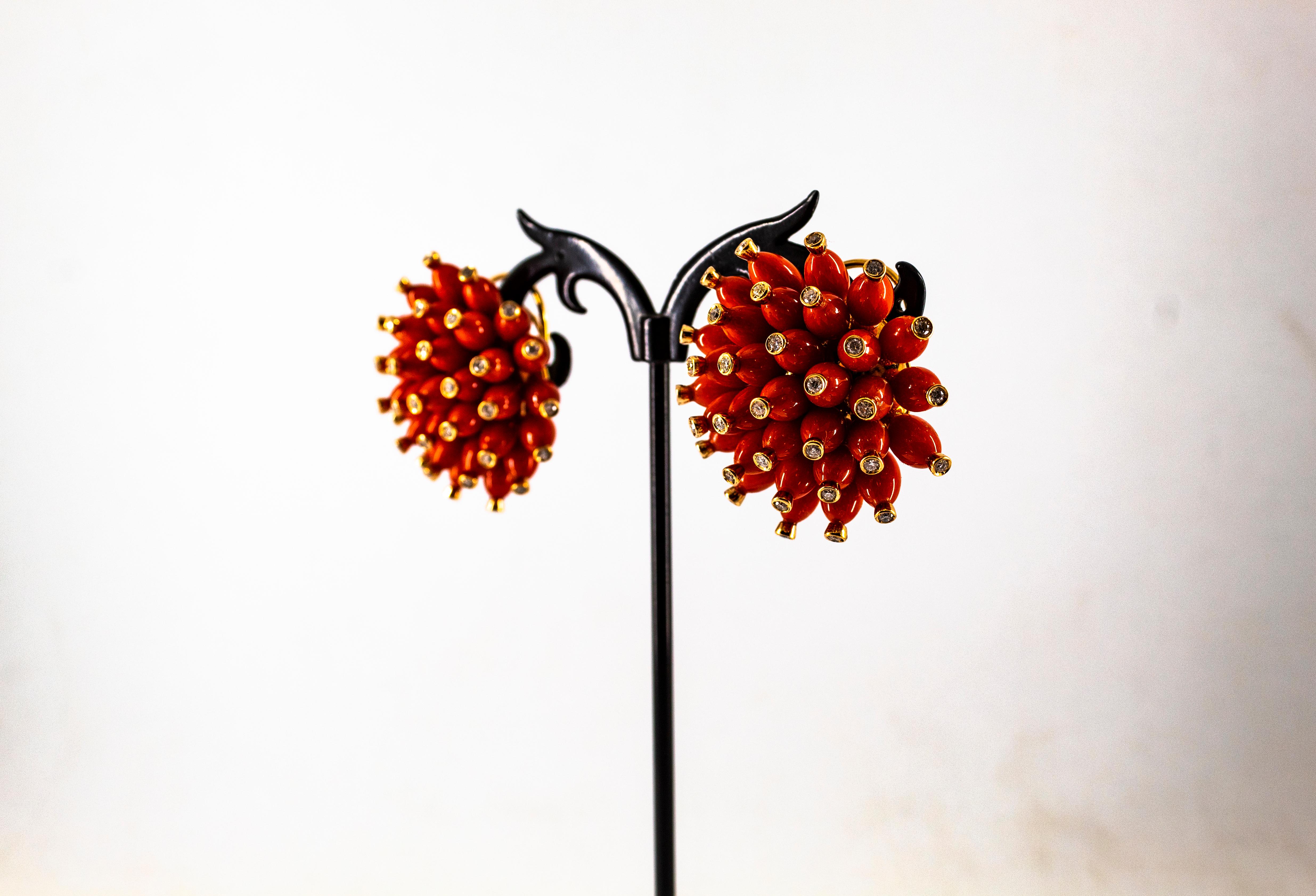 Handcrafted Mediterranean Red Coral White Diamond Yellow Gold Dangle Earrings For Sale 8