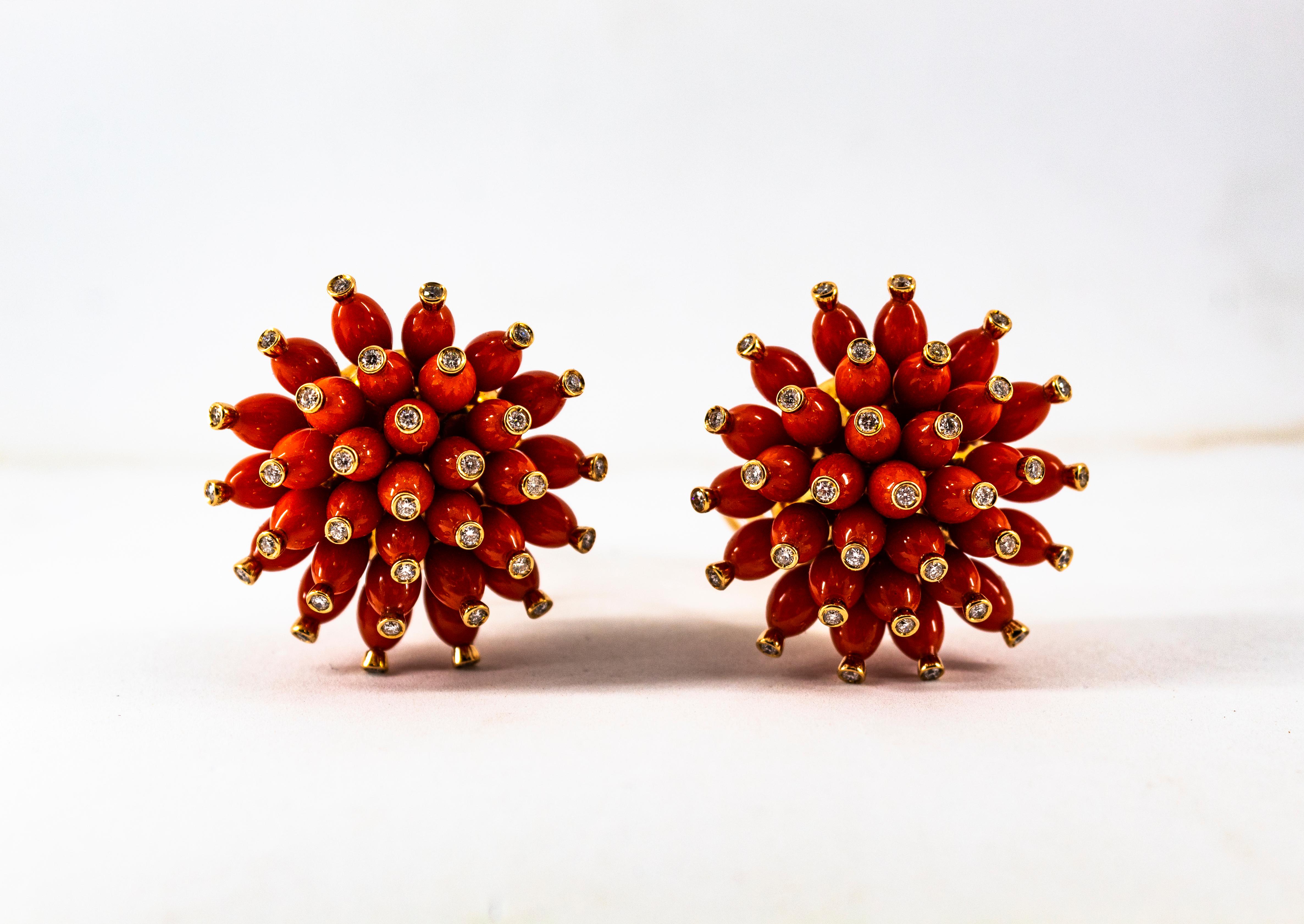 Handcrafted Mediterranean Red Coral White Diamond Yellow Gold Dangle Earrings For Sale 10