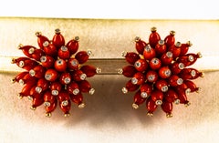 Handcrafted Mediterranean Red Coral White Diamond Yellow Gold Dangle Earrings