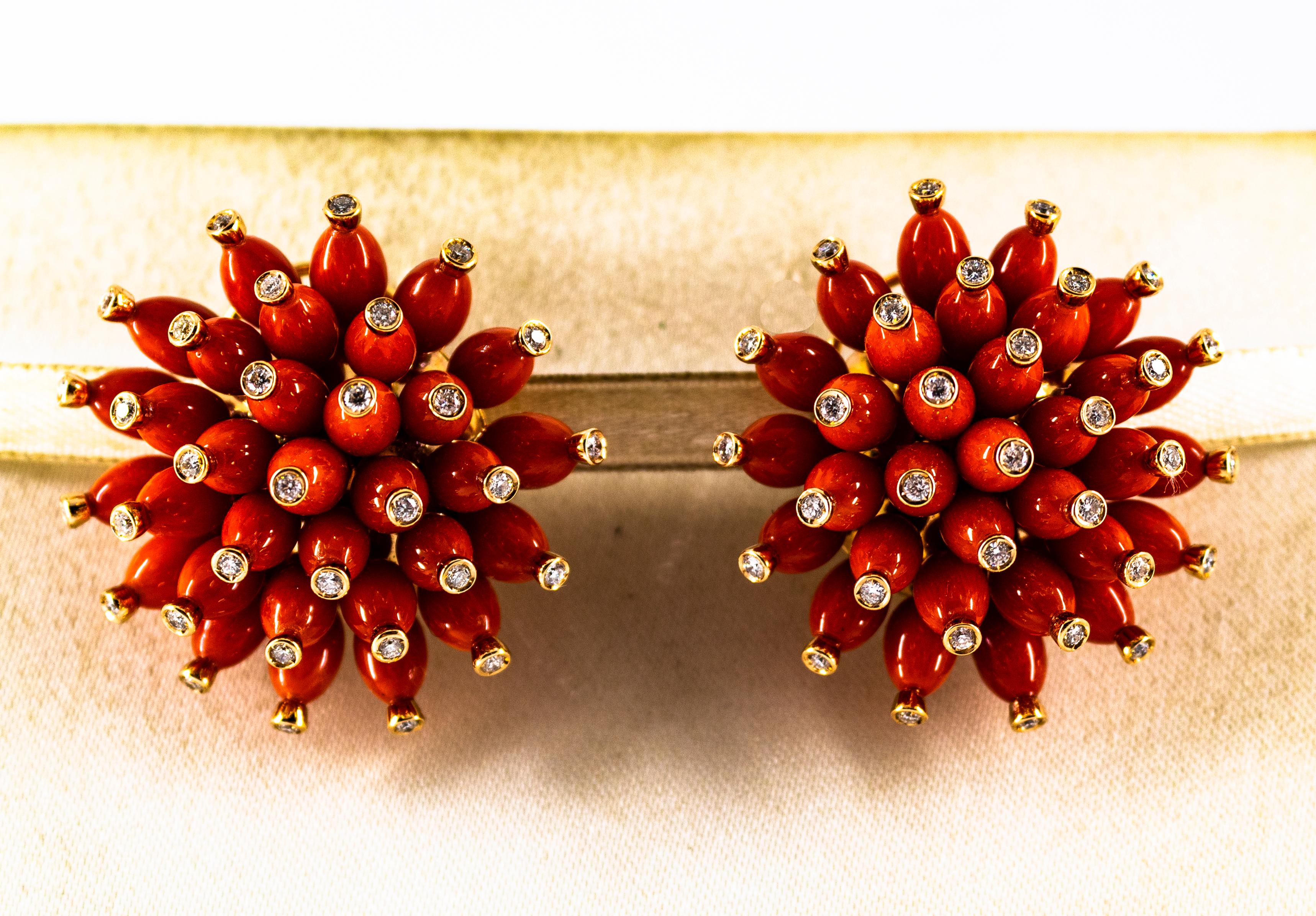 Art Nouveau Handcrafted Mediterranean Red Coral White Diamond Yellow Gold Dangle Earrings For Sale