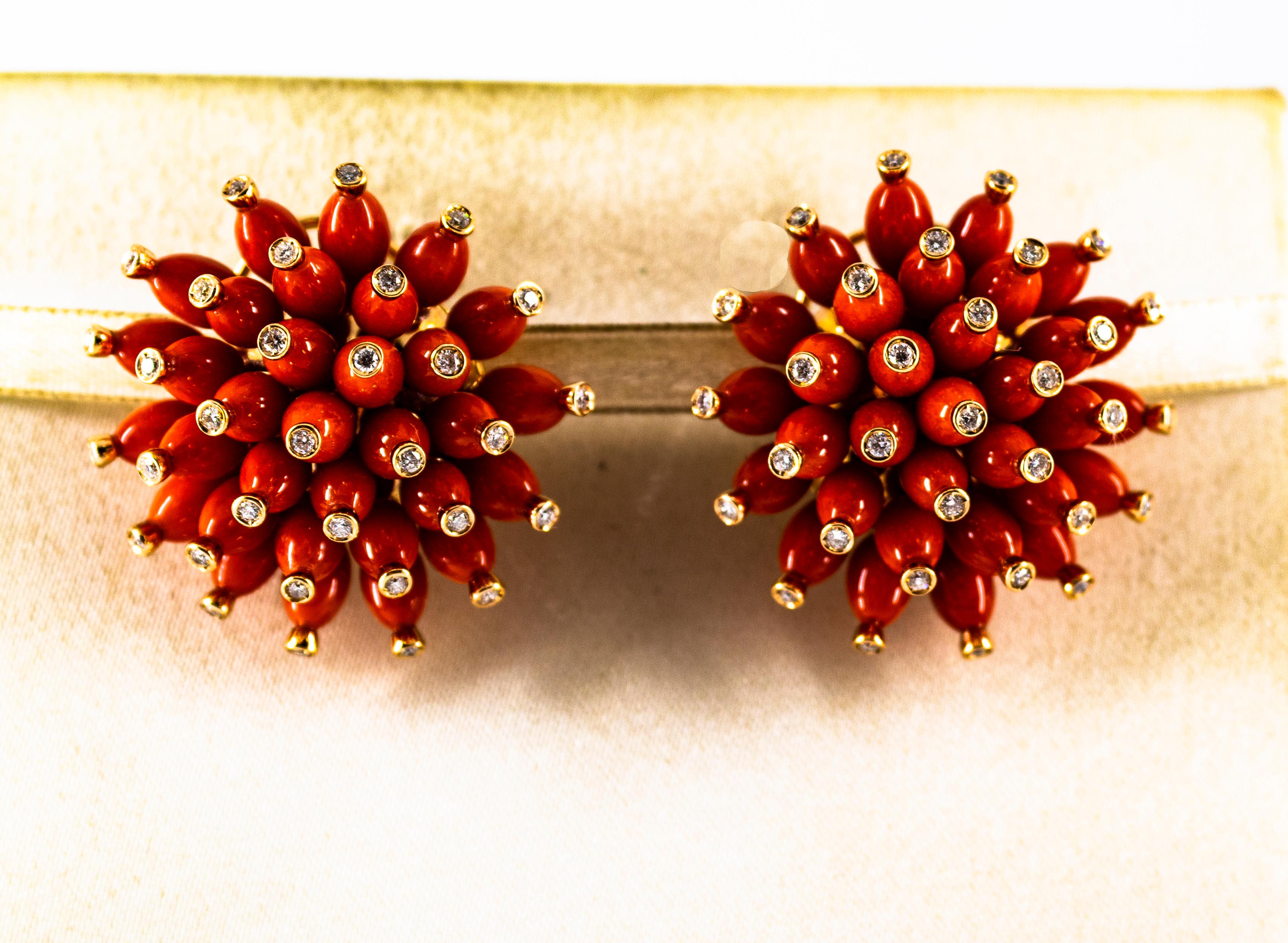 Brilliant Cut Handcrafted Mediterranean Red Coral White Diamond Yellow Gold Dangle Earrings For Sale
