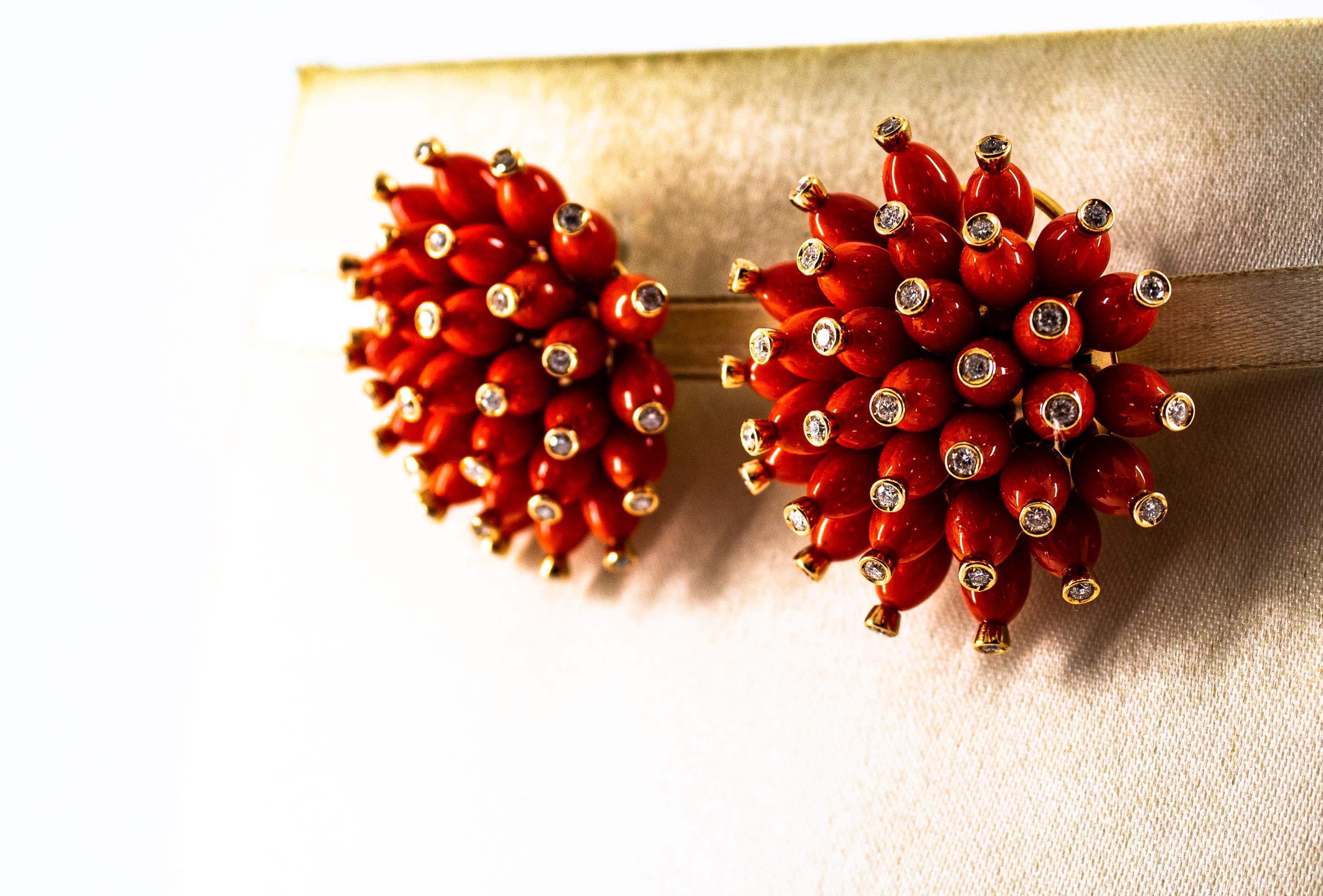 Handcrafted Mediterranean Red Coral White Diamond Yellow Gold Dangle Earrings 1