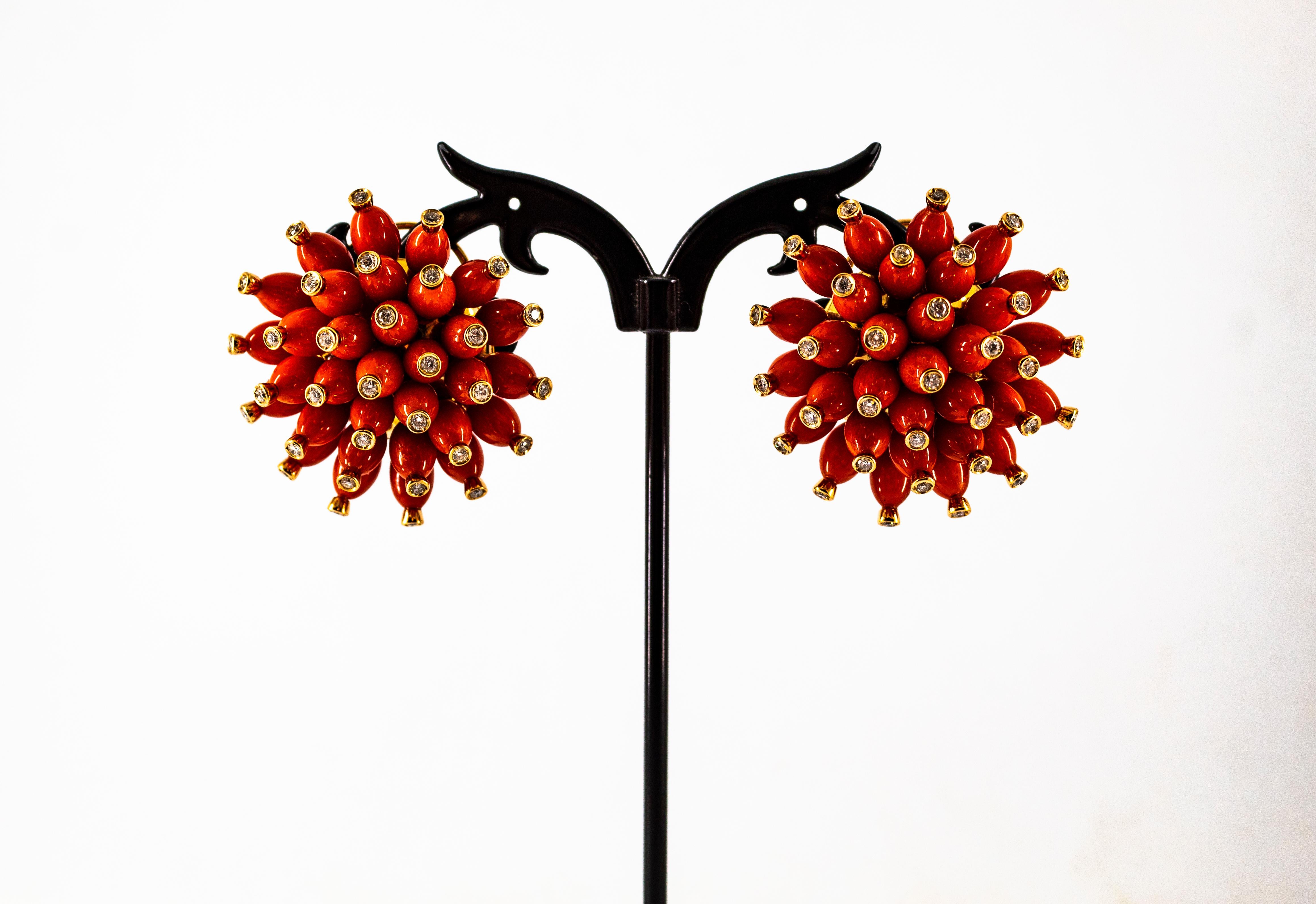 Handcrafted Mediterranean Red Coral White Diamond Yellow Gold Dangle Earrings For Sale 2