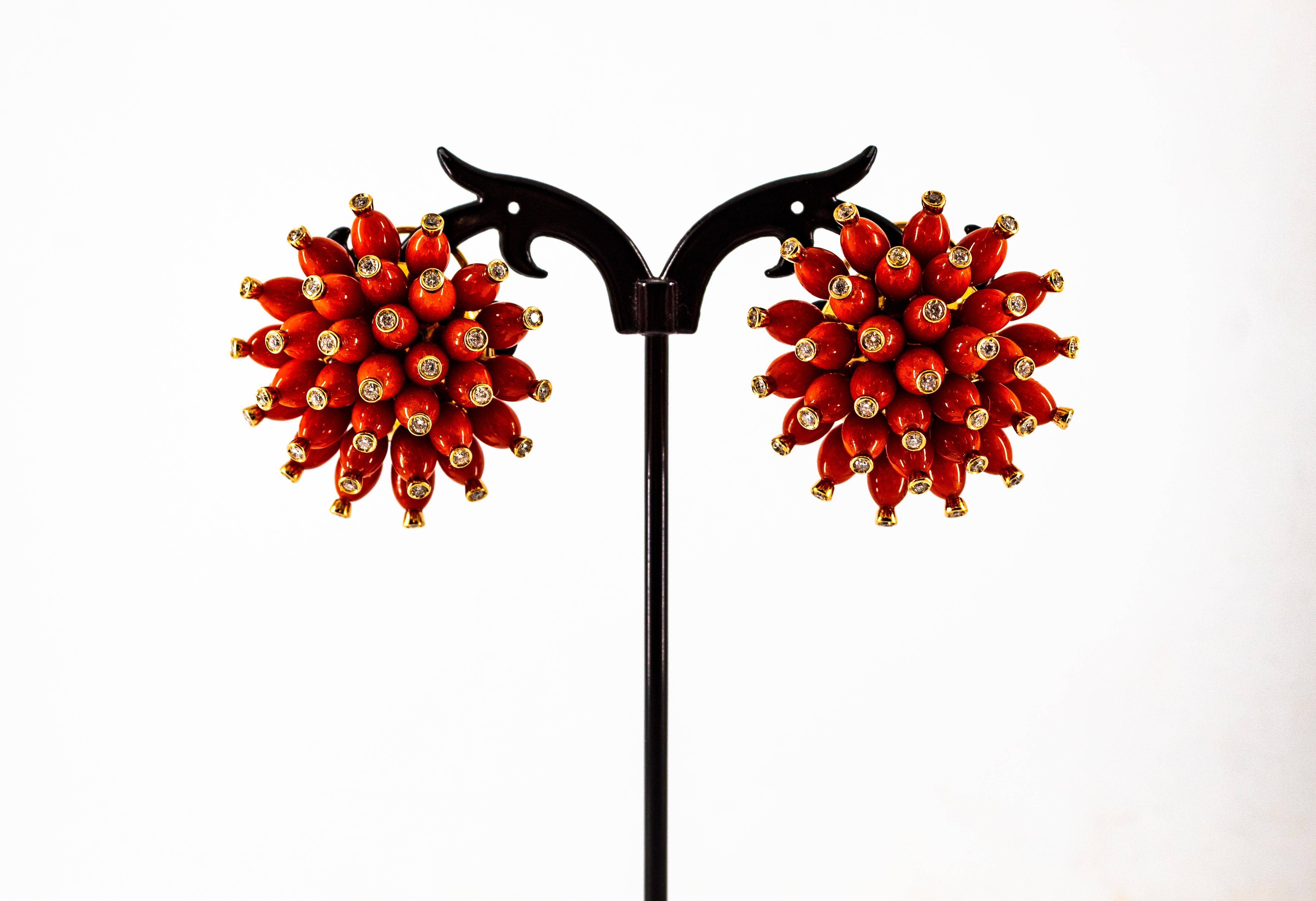 Handcrafted Mediterranean Red Coral White Diamond Yellow Gold Dangle Earrings For Sale 3