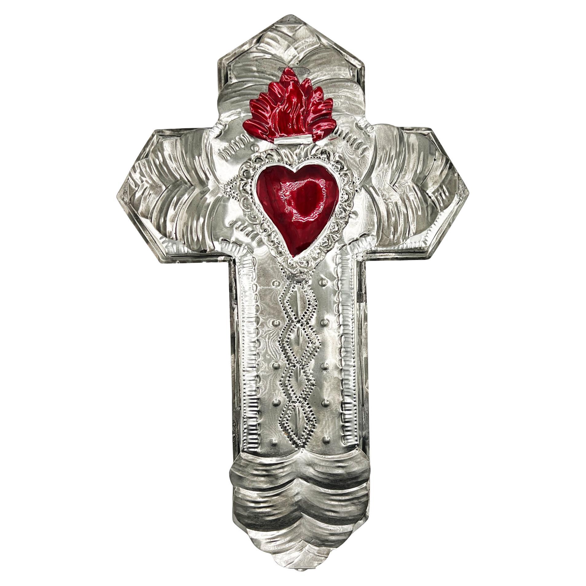 Handcrafted Mexican Hojalata Tin Cross with Sacred Heart Motif