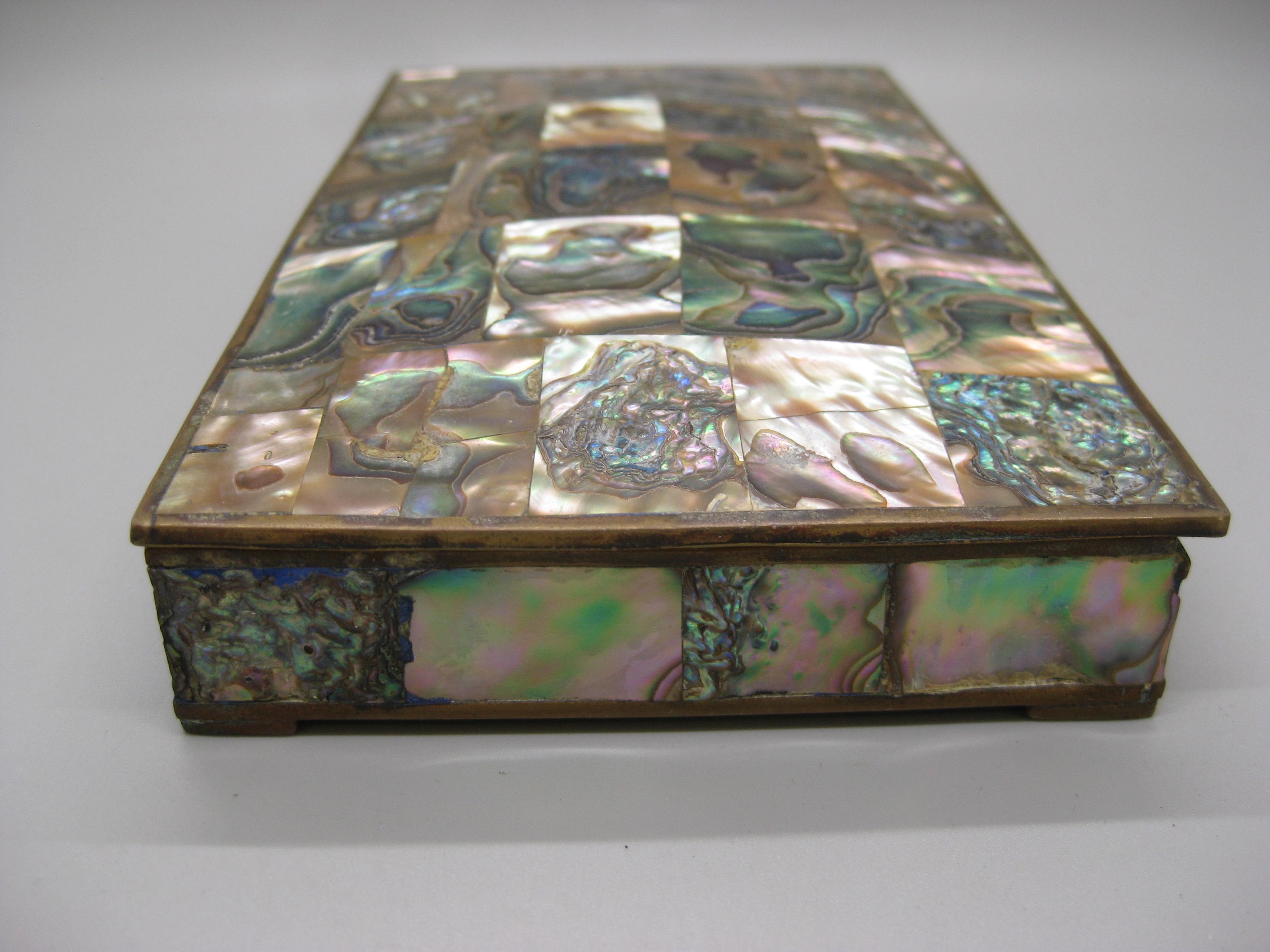 Handcrafted Mexico Brass Rosewood Abalone Shell Desk Stash Trinket Cigarette Box For Sale 4