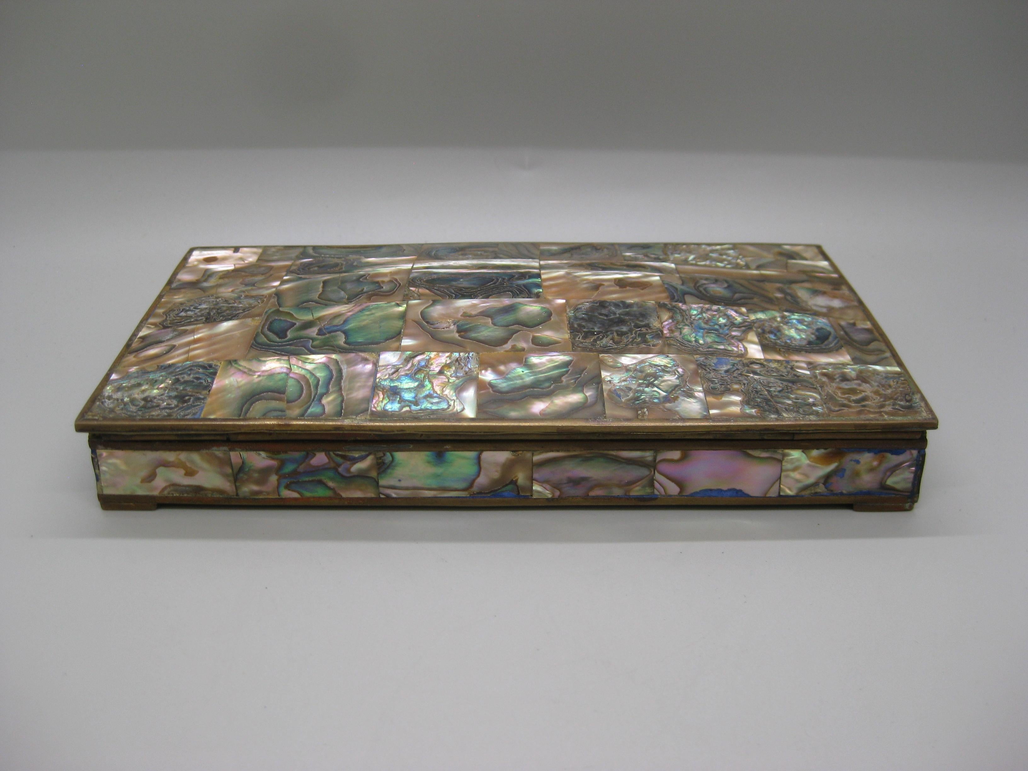 Handcrafted Mexico Brass Rosewood Abalone Shell Desk Stash Trinket Cigarette Box For Sale 5