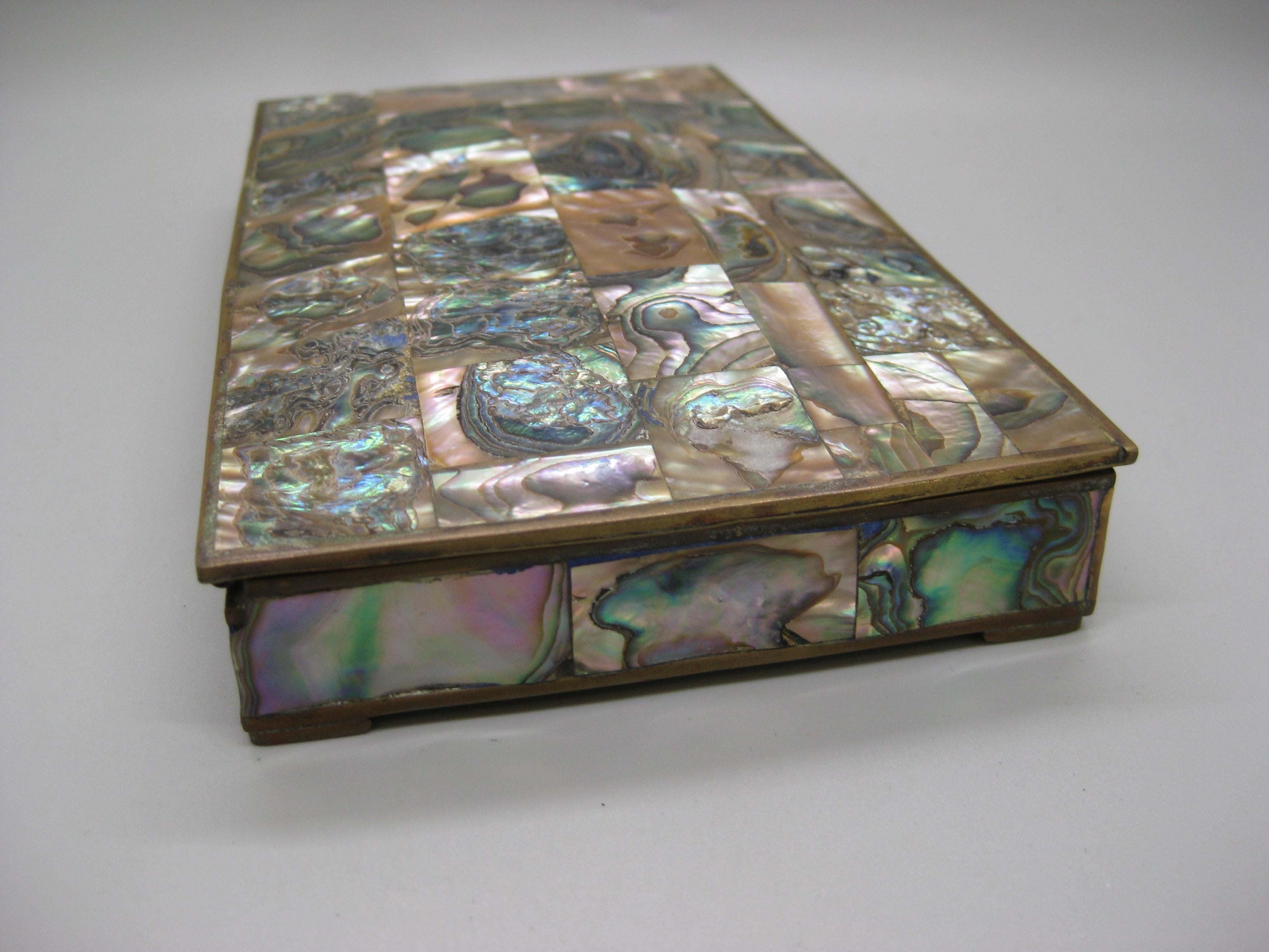 Handcrafted Mexico Brass Rosewood Abalone Shell Desk Stash Trinket Cigarette Box For Sale 6