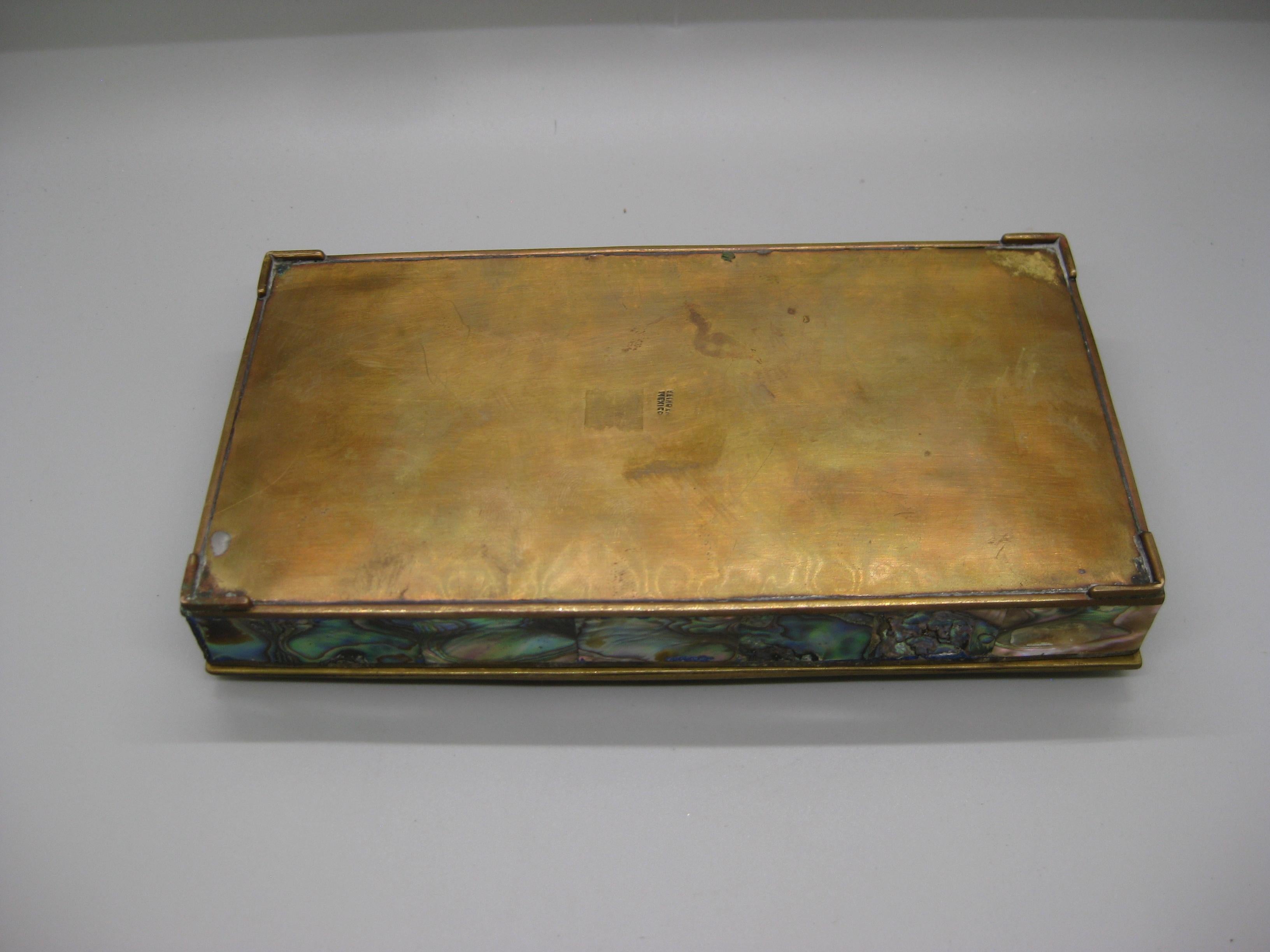Handcrafted Mexico Brass Rosewood Abalone Shell Desk Stash Trinket Cigarette Box For Sale 7