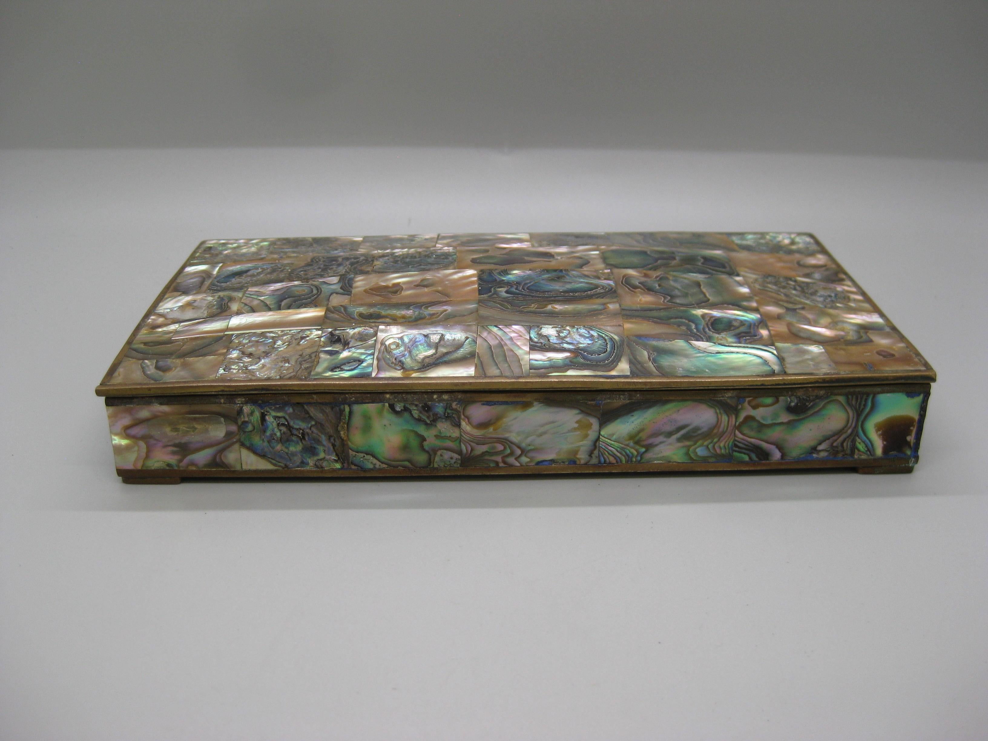 Mexican Handcrafted Mexico Brass Rosewood Abalone Shell Desk Stash Trinket Cigarette Box For Sale