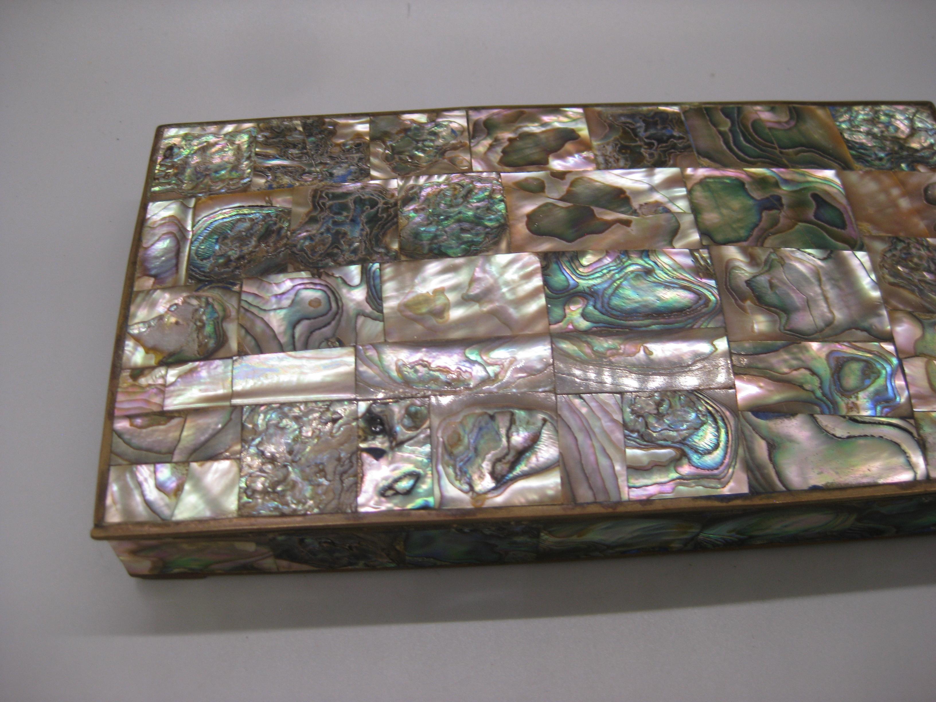 Hand-Crafted Handcrafted Mexico Brass Rosewood Abalone Shell Desk Stash Trinket Cigarette Box For Sale