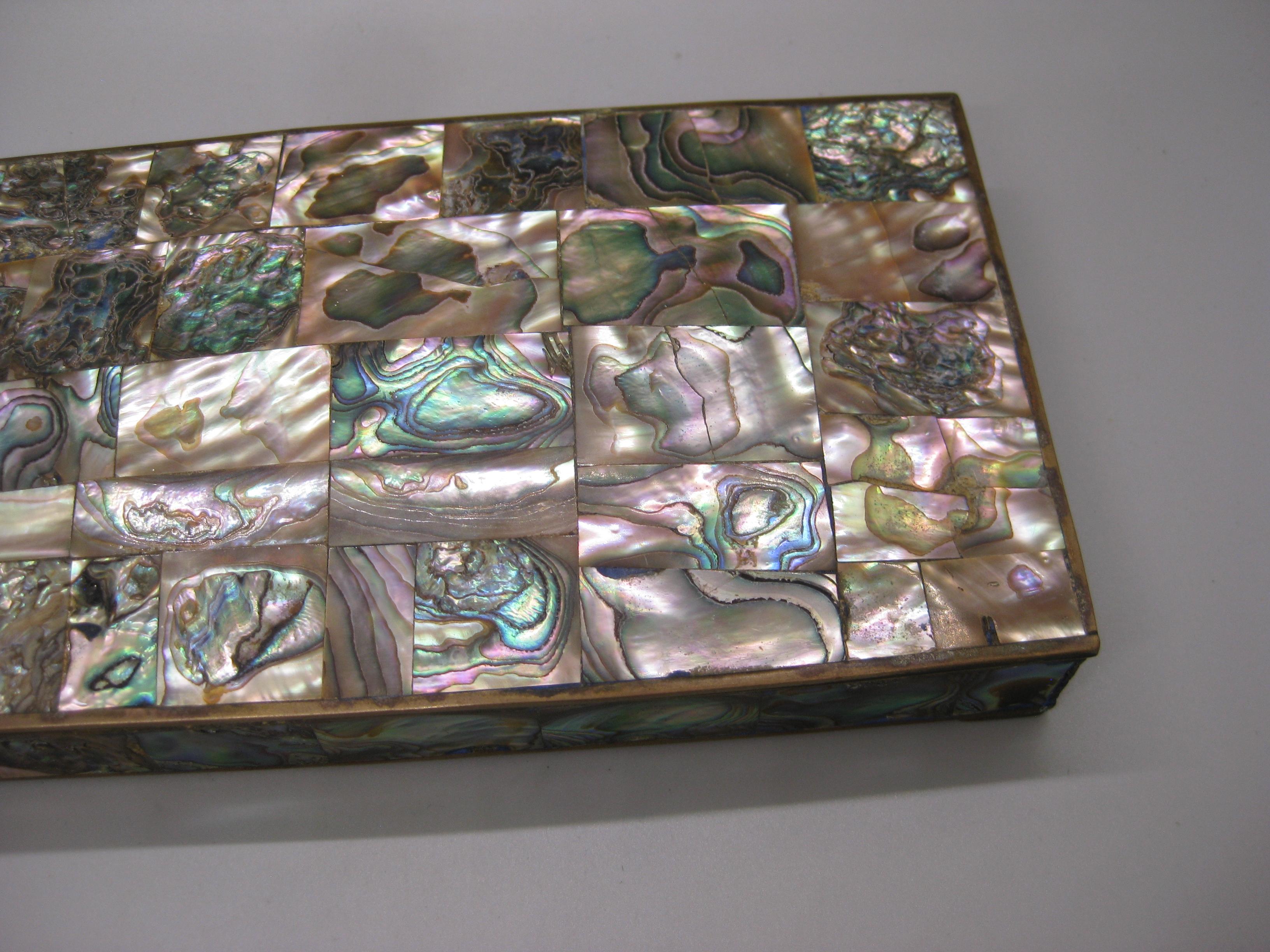 Handcrafted Mexico Brass Rosewood Abalone Shell Desk Stash Trinket Cigarette Box In Excellent Condition For Sale In San Diego, CA