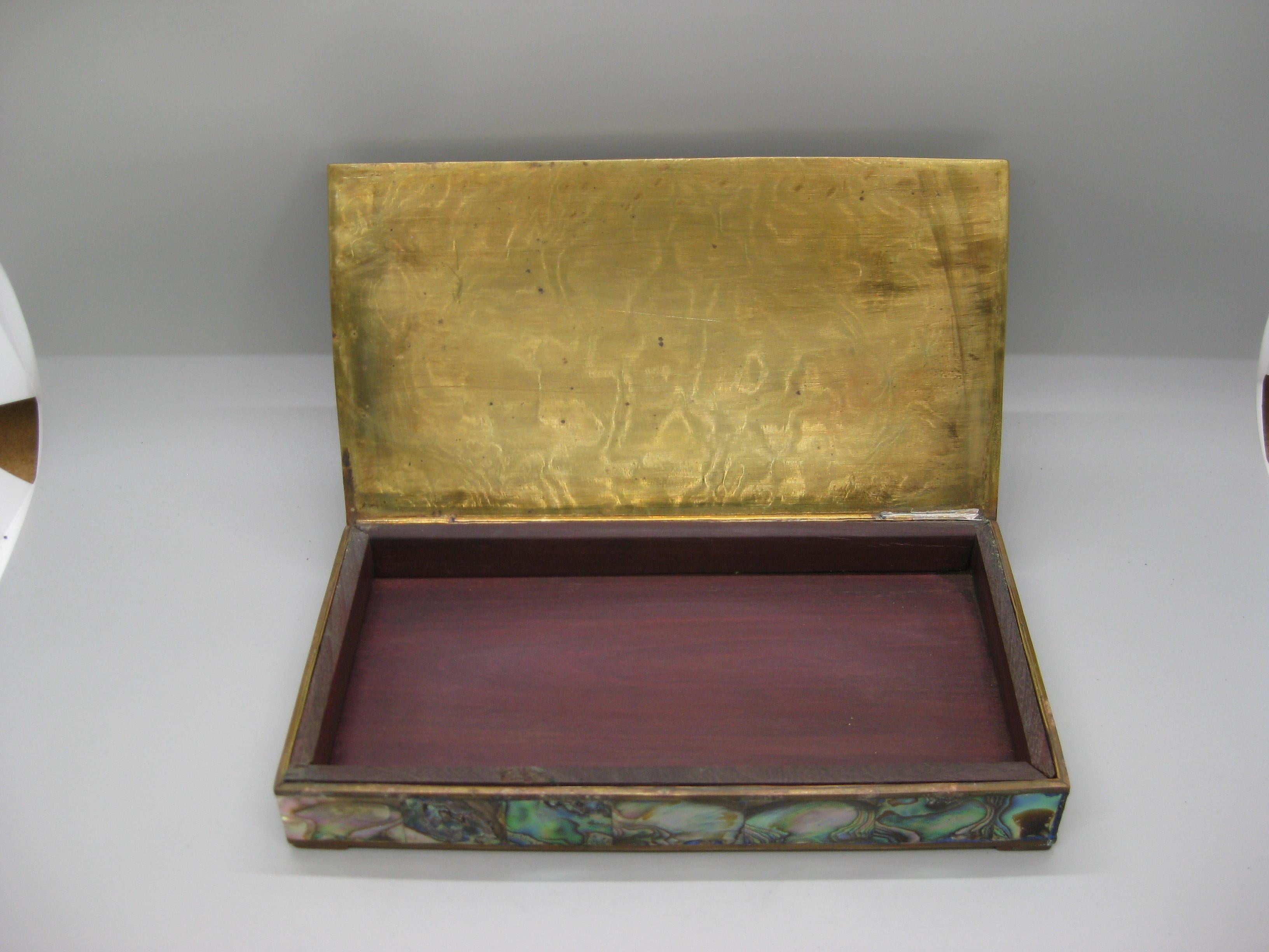 Handcrafted Mexico Brass Rosewood Abalone Shell Desk Stash Trinket Cigarette Box For Sale 1