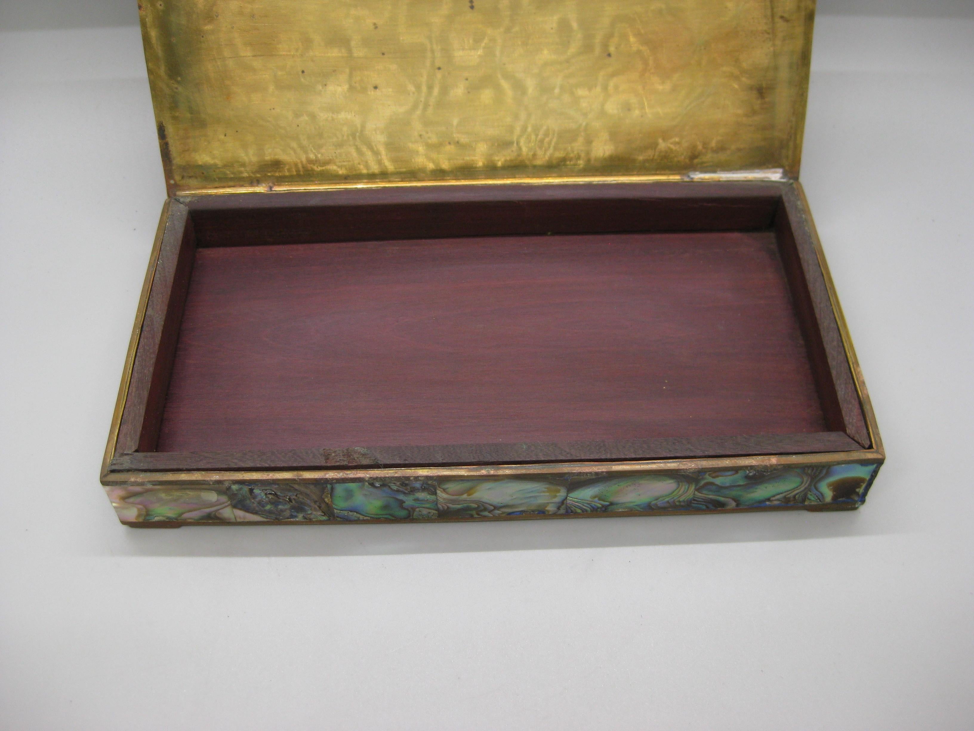 Handcrafted Mexico Brass Rosewood Abalone Shell Desk Stash Trinket Cigarette Box For Sale 3