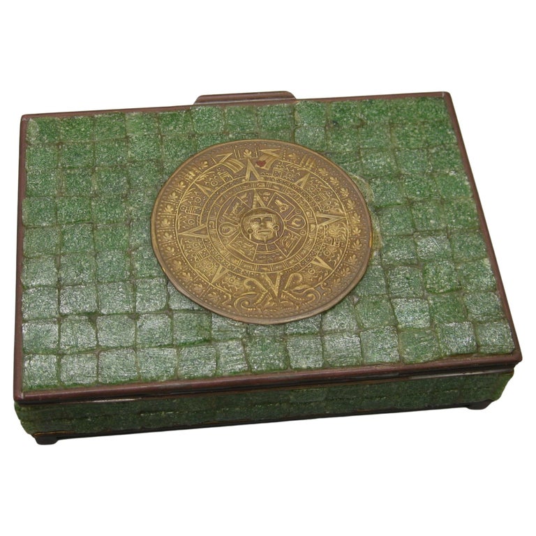 Handcrafted Mexico Brass Stone Aztec Calendar Desk Stash Trinket Cigarette  Box For Sale at 1stDibs