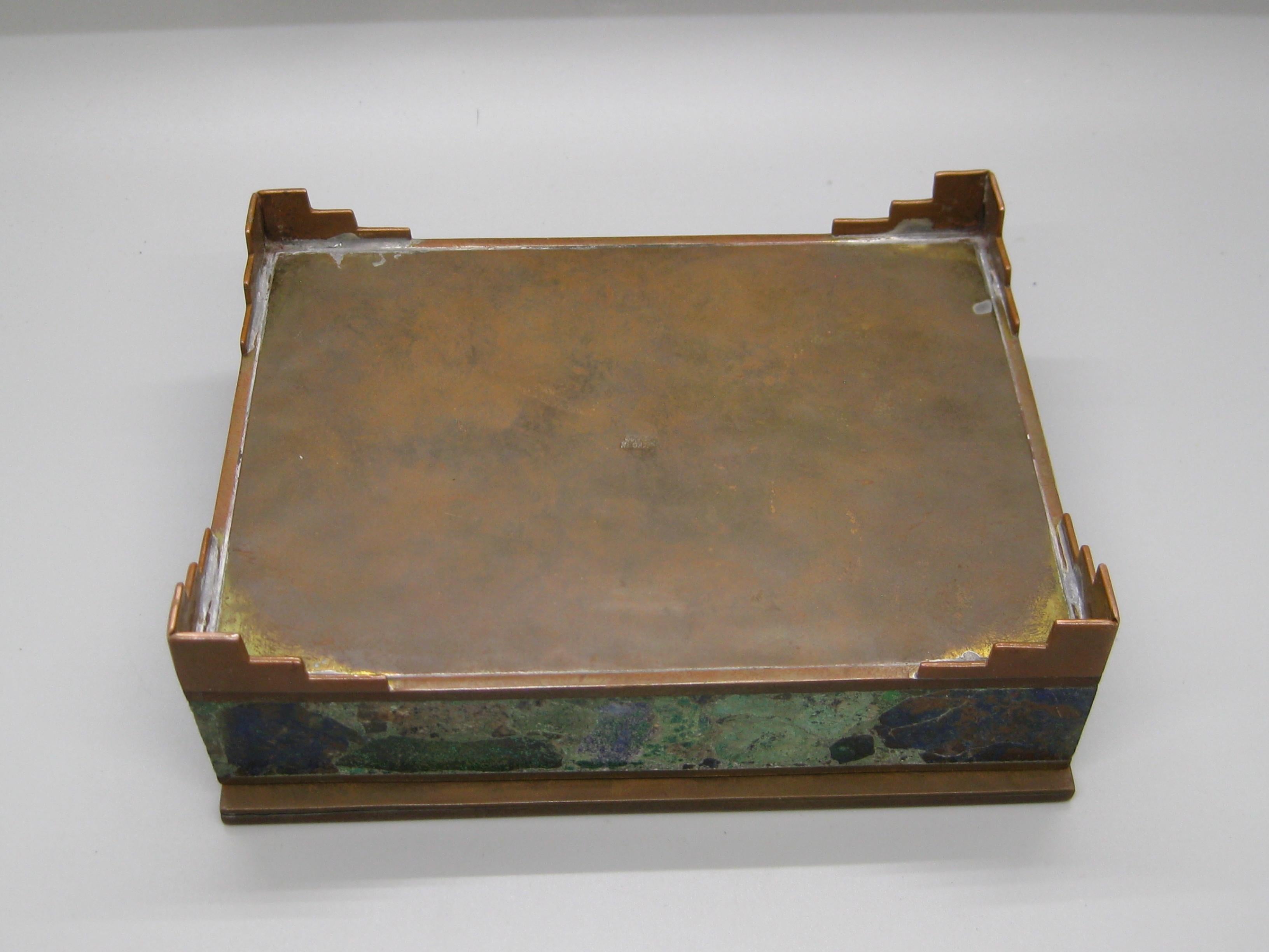 Handcrafted Mexico Brass Turquoise Lapis Desk Stash Trinket Cigarette Footed Box For Sale 3