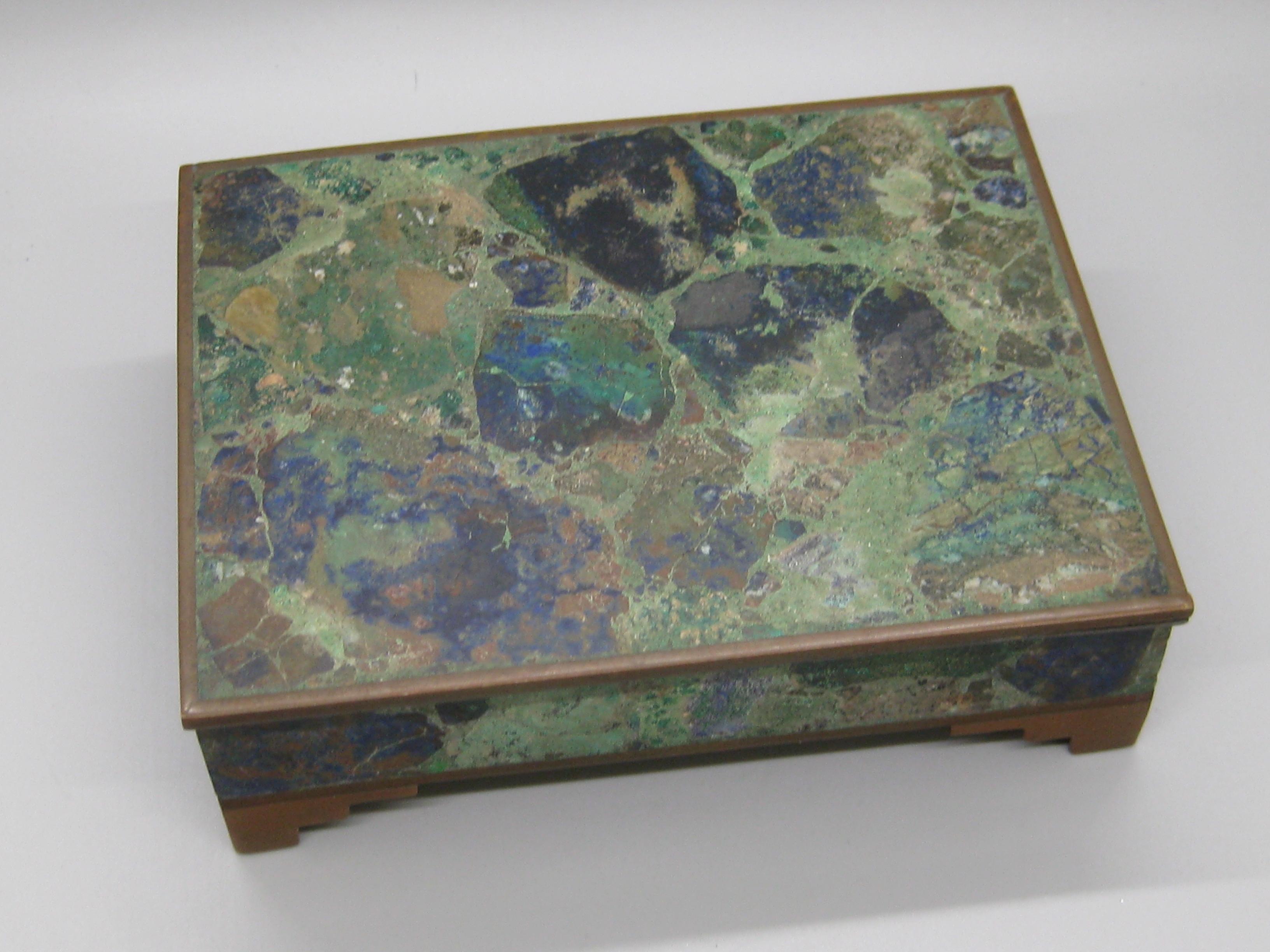 Mexican Handcrafted Mexico Brass Turquoise Lapis Desk Stash Trinket Cigarette Footed Box For Sale