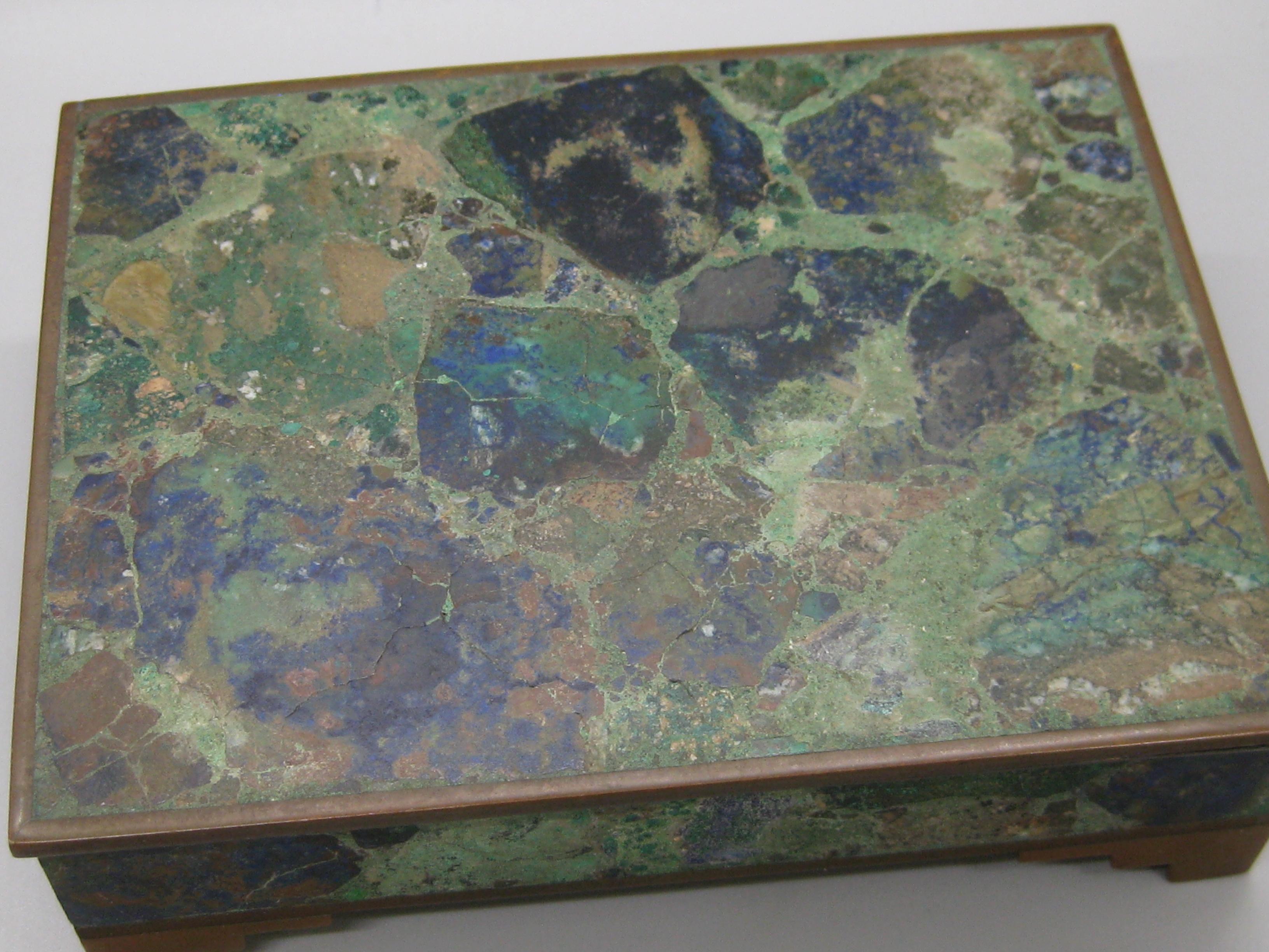Hand-Crafted Handcrafted Mexico Brass Turquoise Lapis Desk Stash Trinket Cigarette Footed Box For Sale