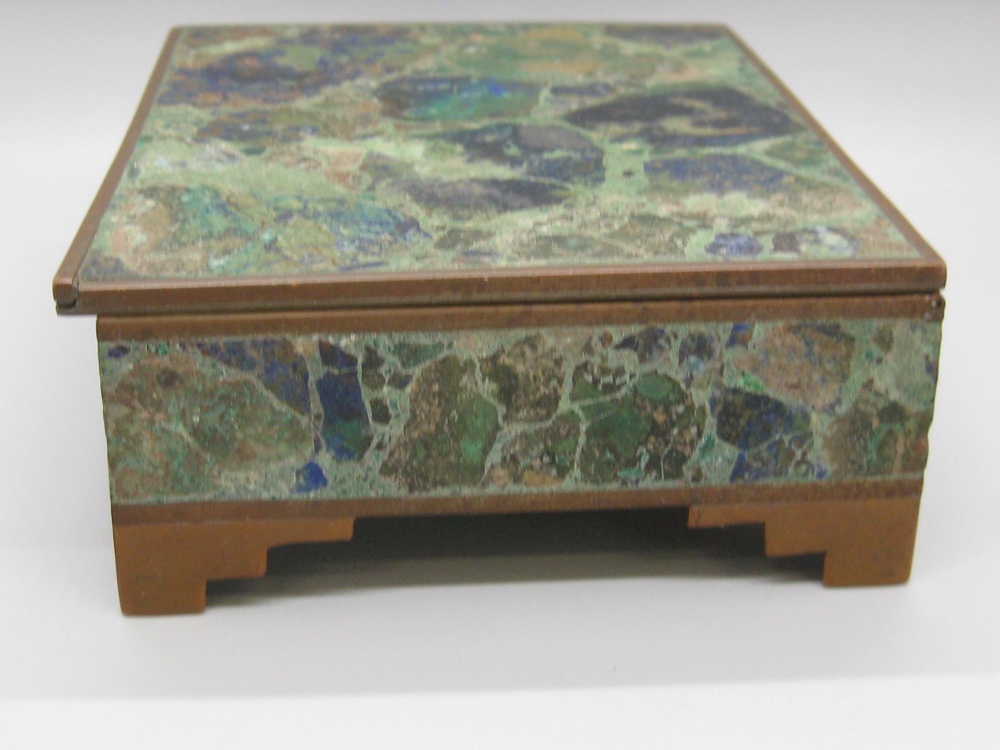 Handcrafted Mexico Brass Turquoise Lapis Desk Stash Trinket Cigarette Footed Box In Excellent Condition For Sale In San Diego, CA