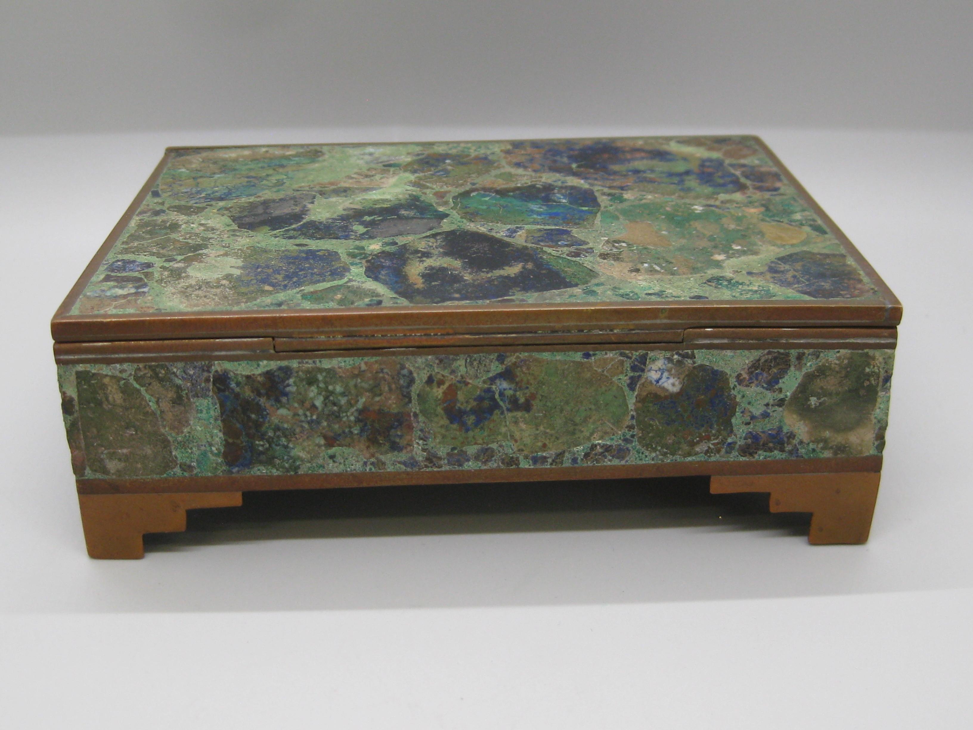 20th Century Handcrafted Mexico Brass Turquoise Lapis Desk Stash Trinket Cigarette Footed Box For Sale