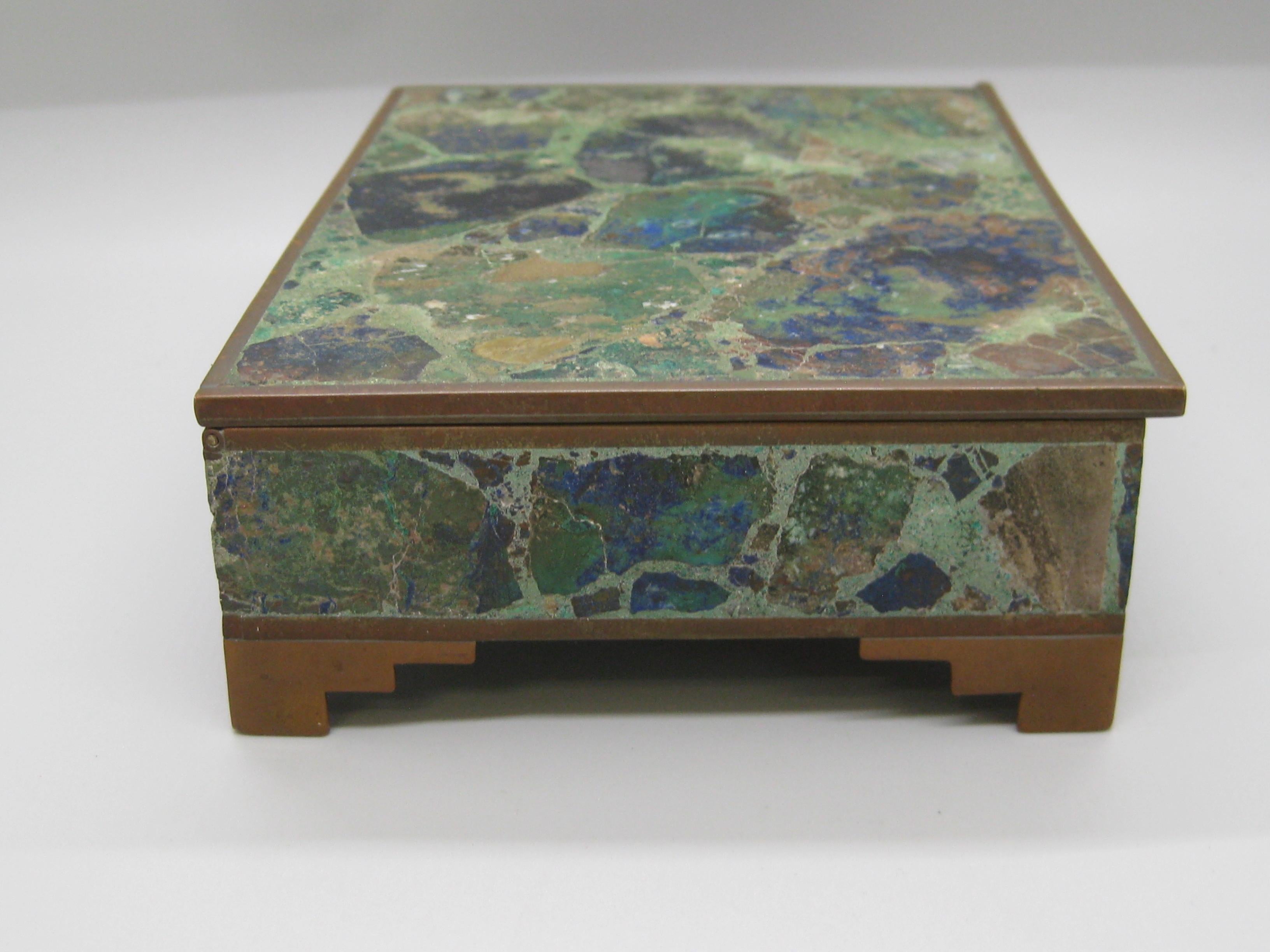 Shell Handcrafted Mexico Brass Turquoise Lapis Desk Stash Trinket Cigarette Footed Box For Sale