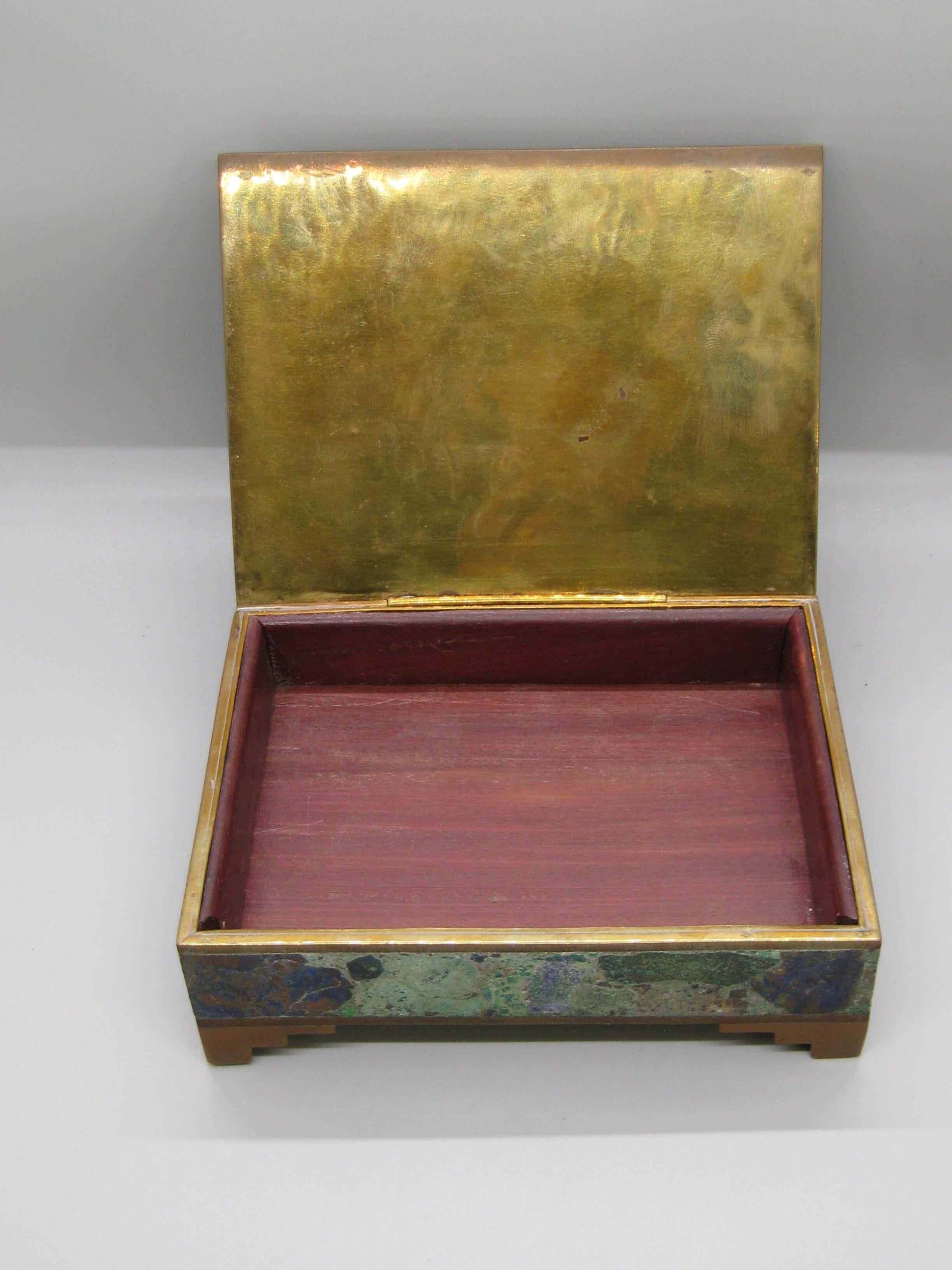 Handcrafted Mexico Brass Turquoise Lapis Desk Stash Trinket Cigarette Footed Box For Sale 1