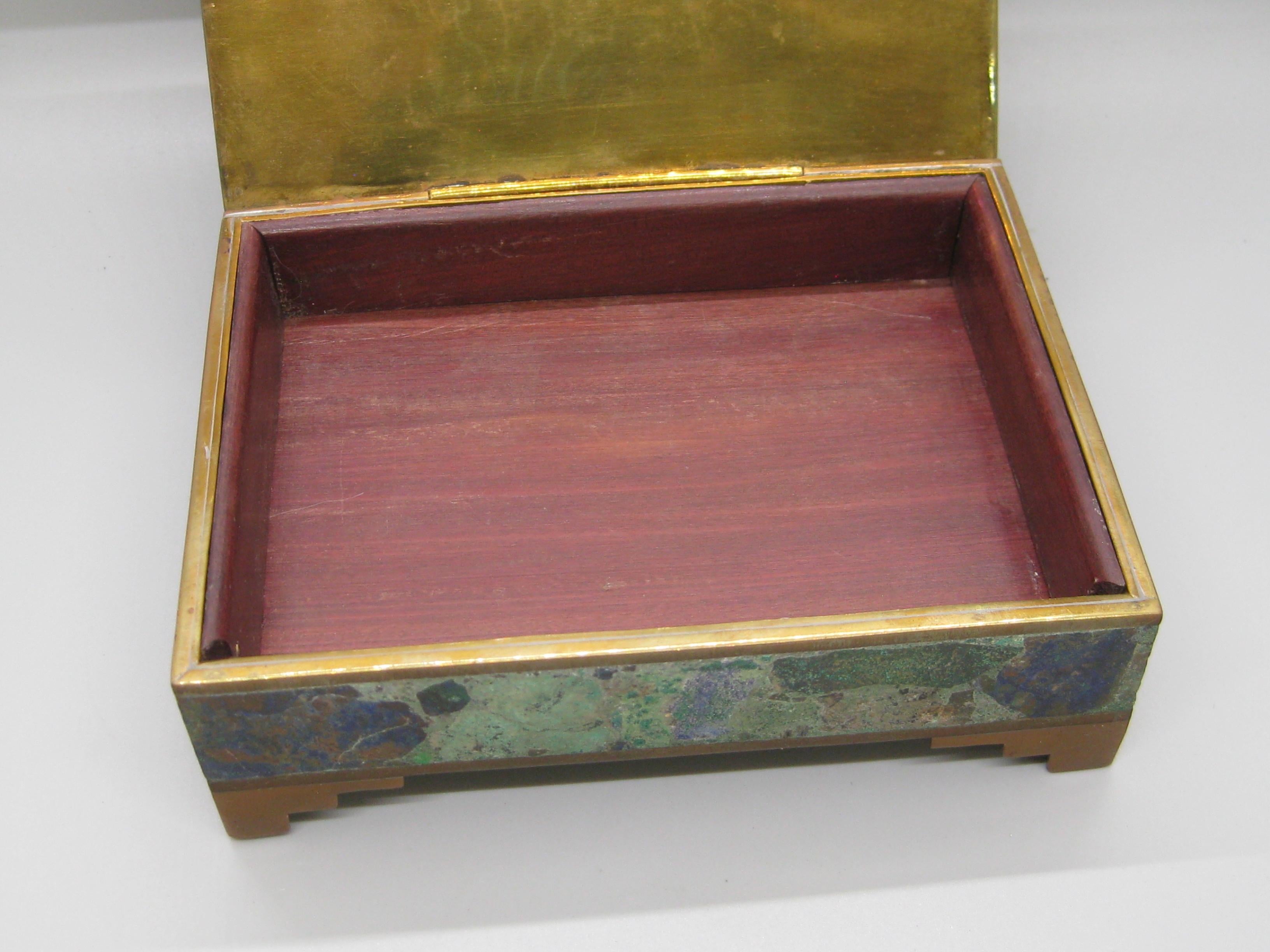 Handcrafted Mexico Brass Turquoise Lapis Desk Stash Trinket Cigarette Footed Box For Sale 2
