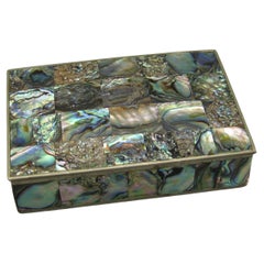 Vintage Handcrafted Mexico Mixed Metal Abalone Shell Desk Stash Trinket Cigarette Box