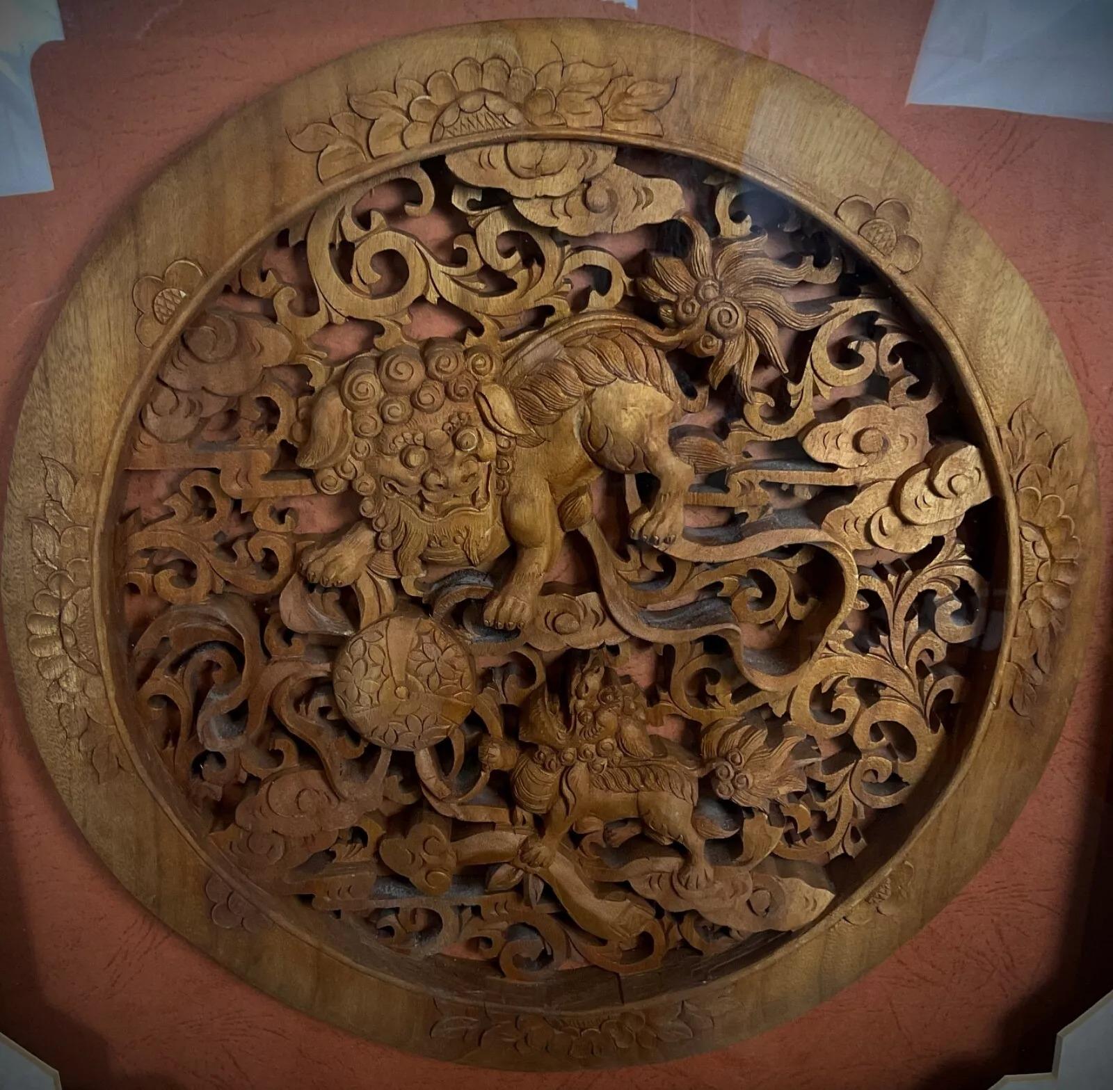 Sculpture japonaise Komainu en bois du milieu du 20e siècle, fabriquée à la main - 2Y428 4