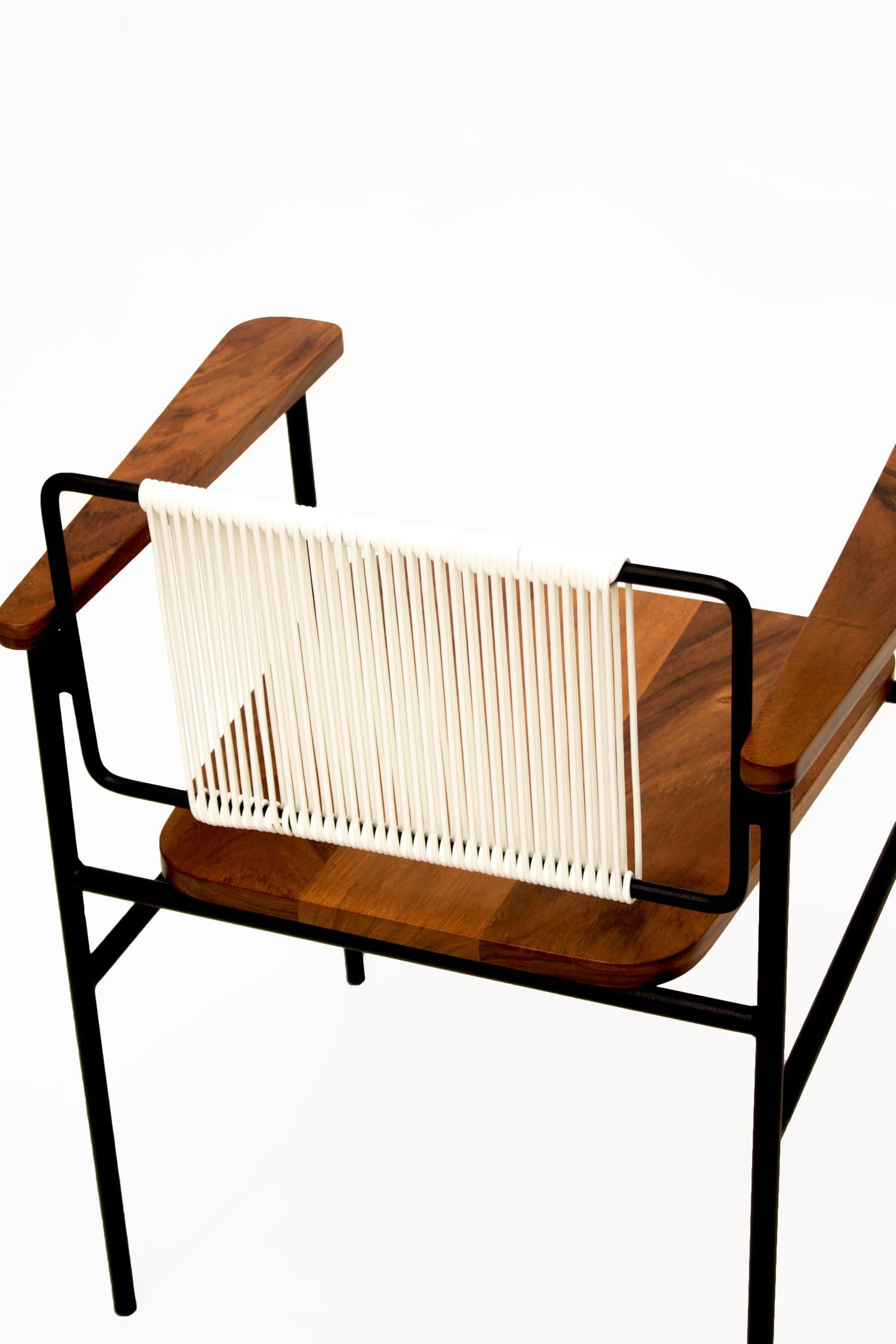 Steel Handcrafted Mid-Century Mita Armchair, Tropical Parota Wood & Outdoor Pad For Sale