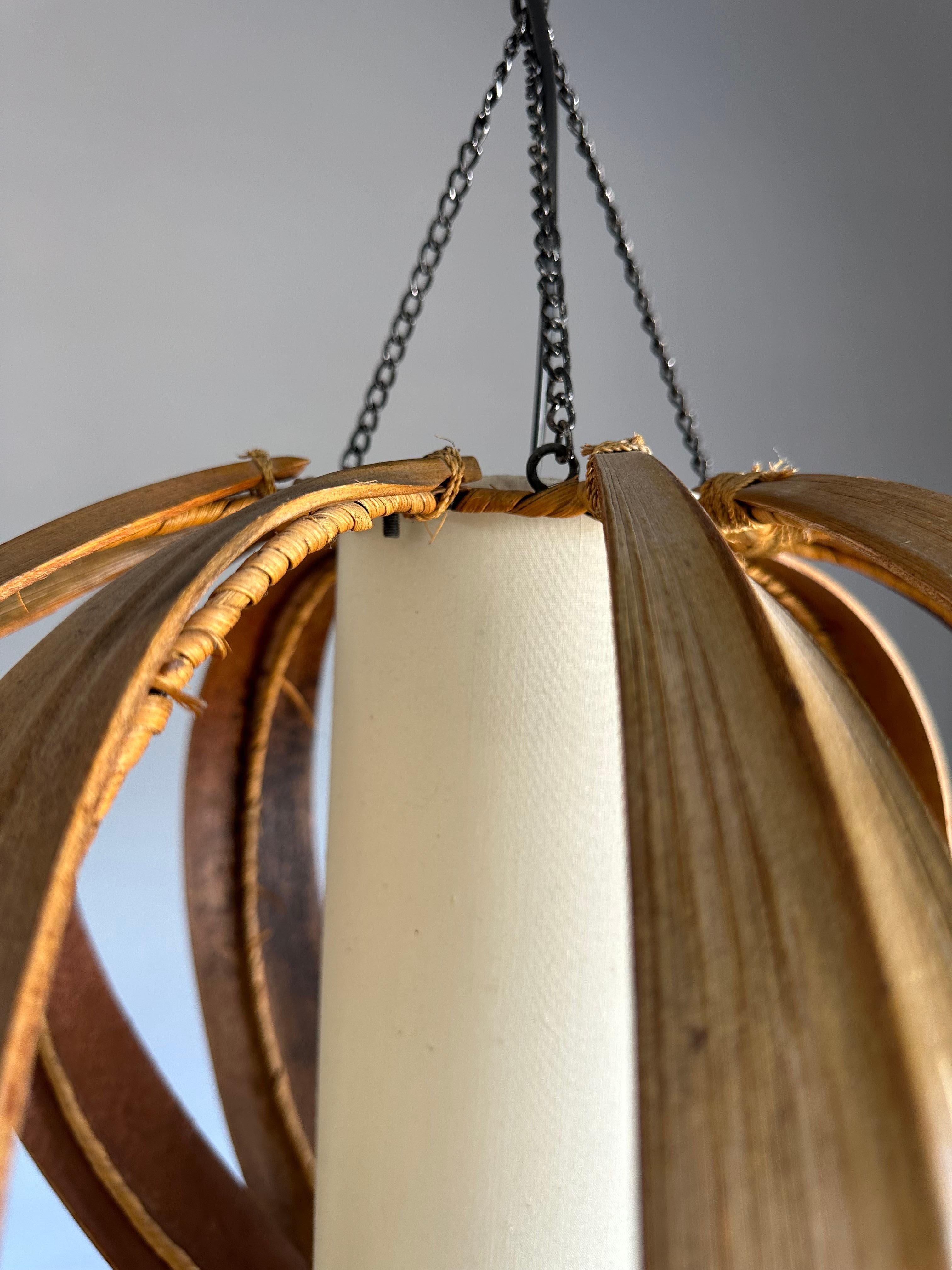 Handcrafted Mid-Century Modern Coconut Leaf, Wicker and Shade Pendant Light For Sale 5