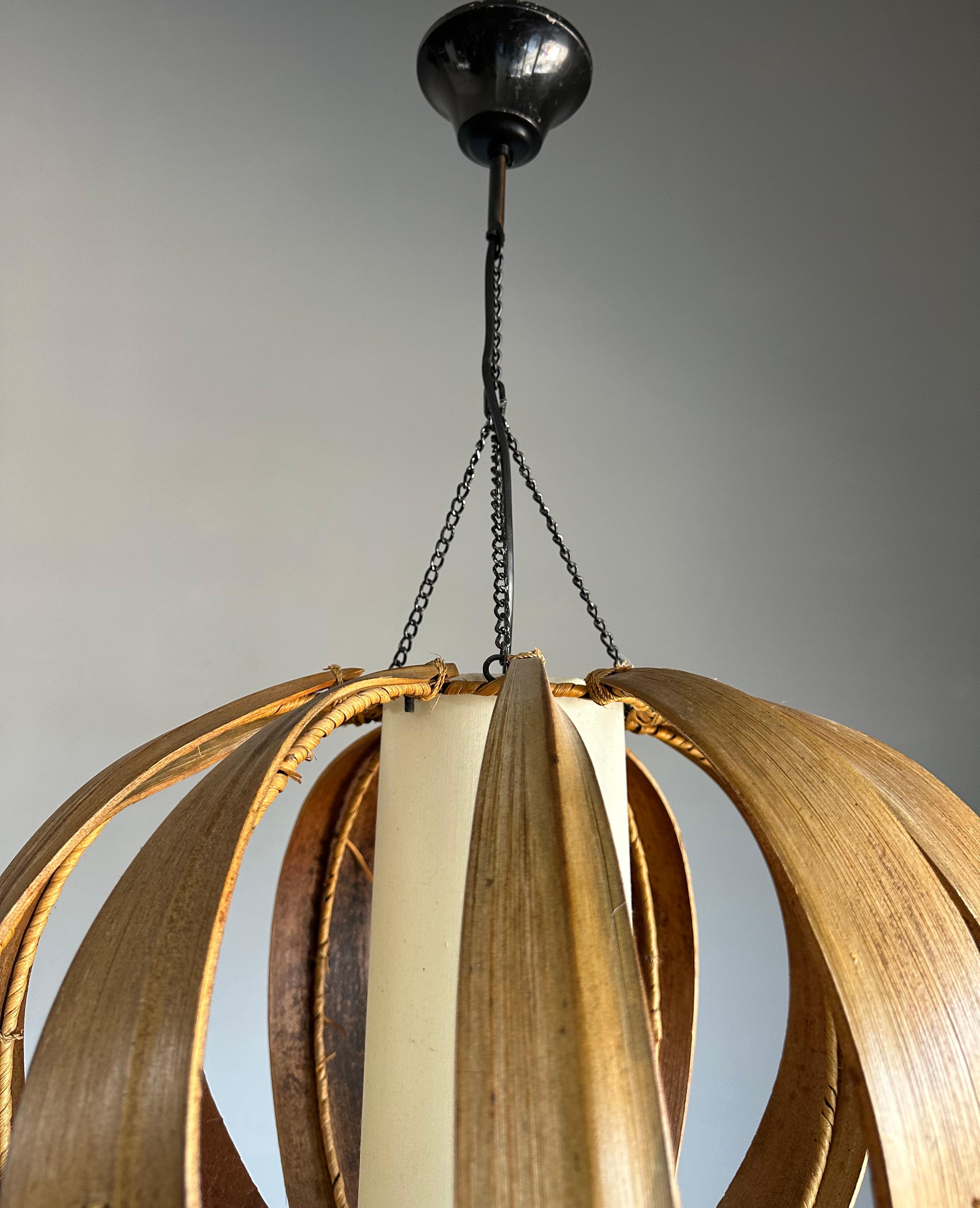 Handcrafted Mid-Century Modern Coconut Leaf, Wicker and Shade Pendant Light For Sale 6