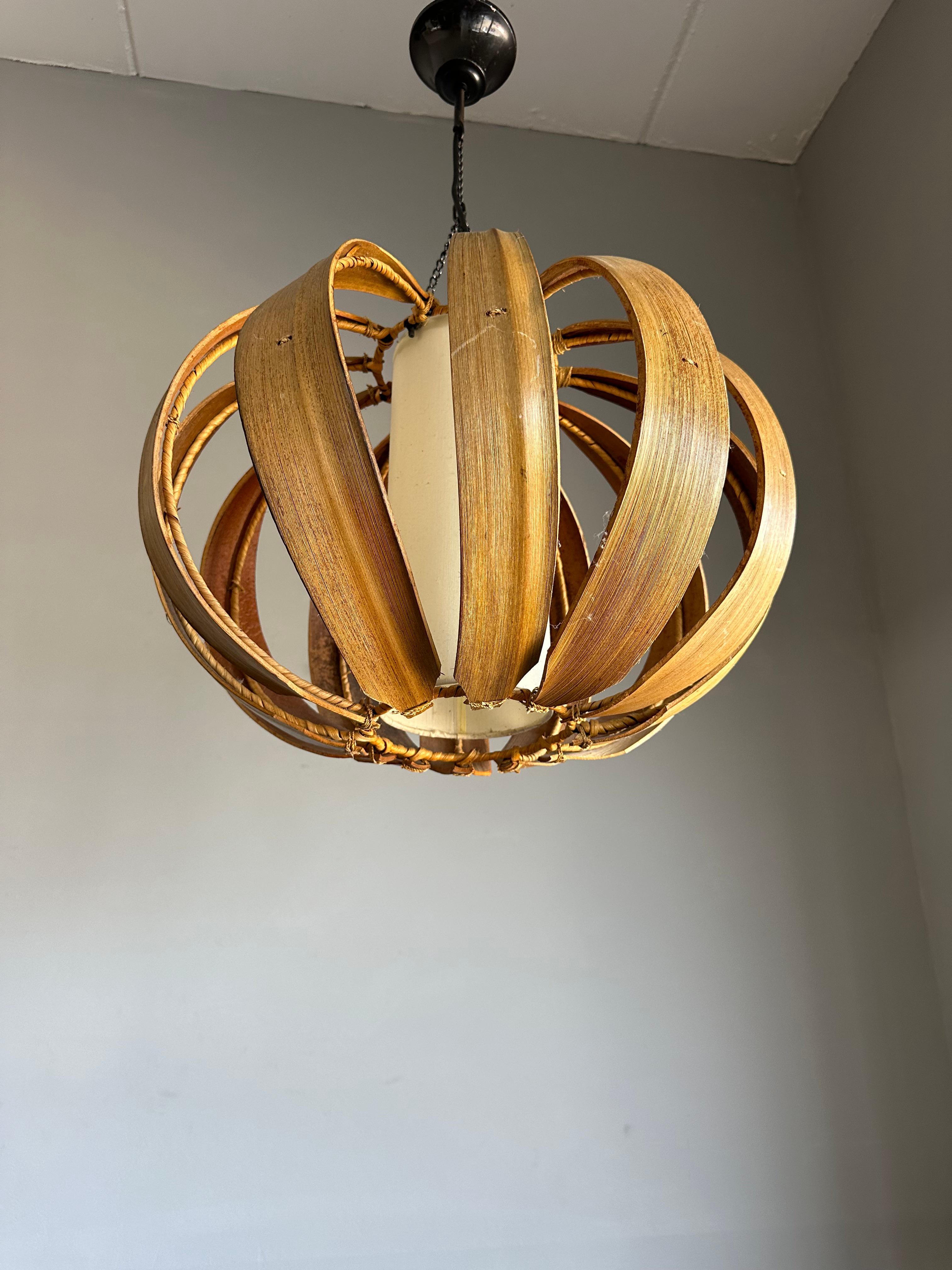 European Handcrafted Mid-Century Modern Coconut Leaf, Wicker and Shade Pendant Light For Sale