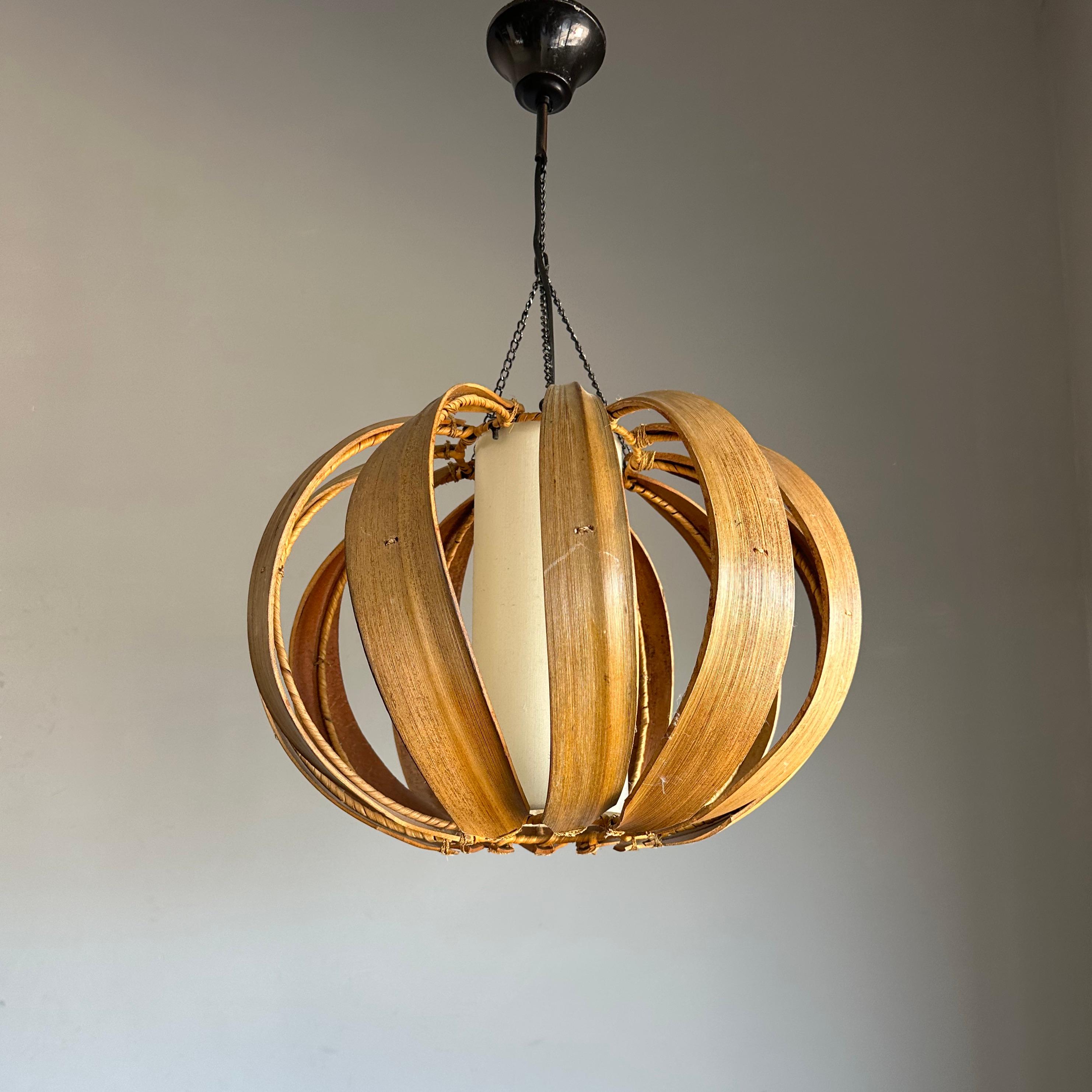 Hand-Carved Handcrafted Mid-Century Modern Coconut Leaf, Wicker and Shade Pendant Light For Sale
