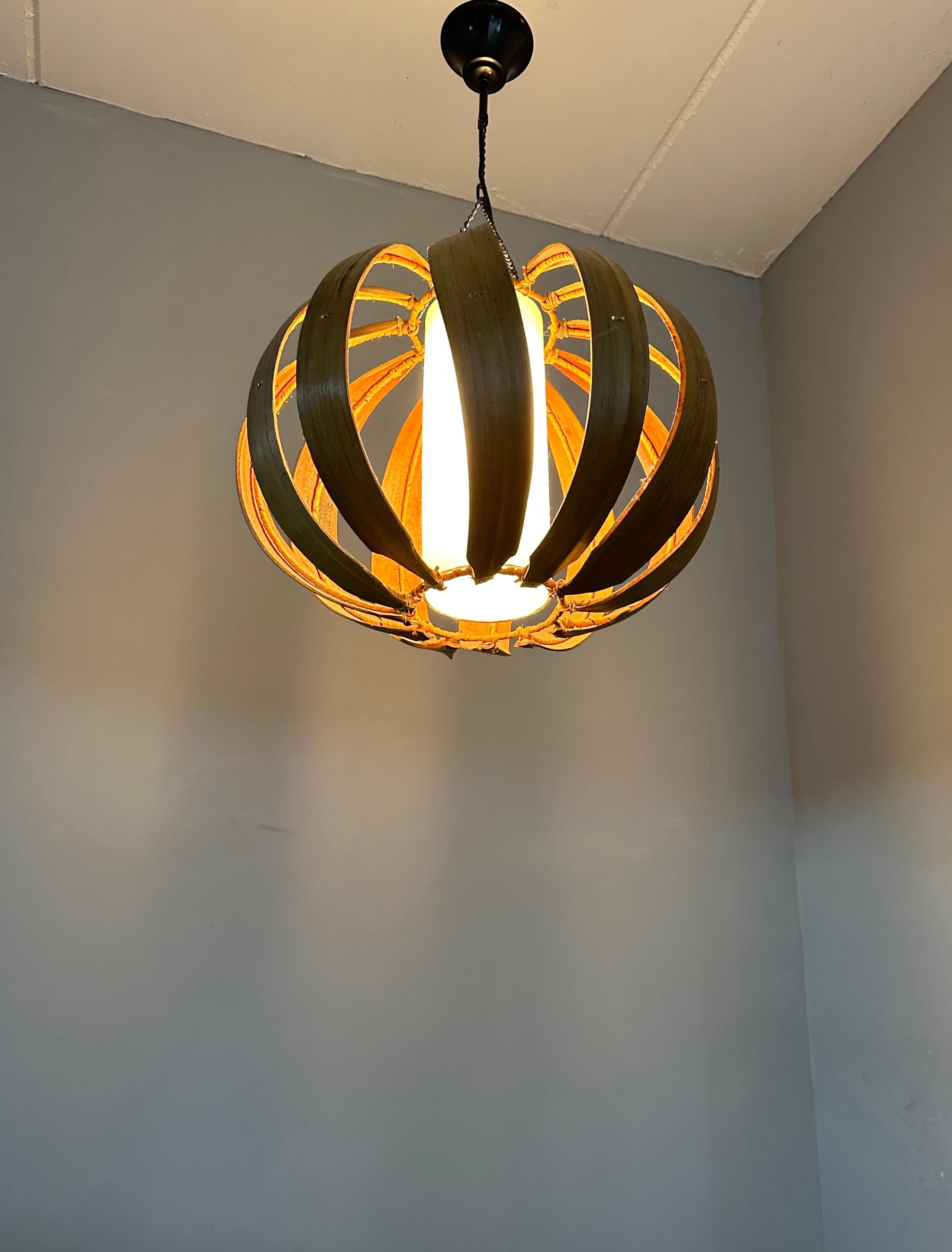 20th Century Handcrafted Mid-Century Modern Coconut Leaf, Wicker and Shade Pendant Light For Sale