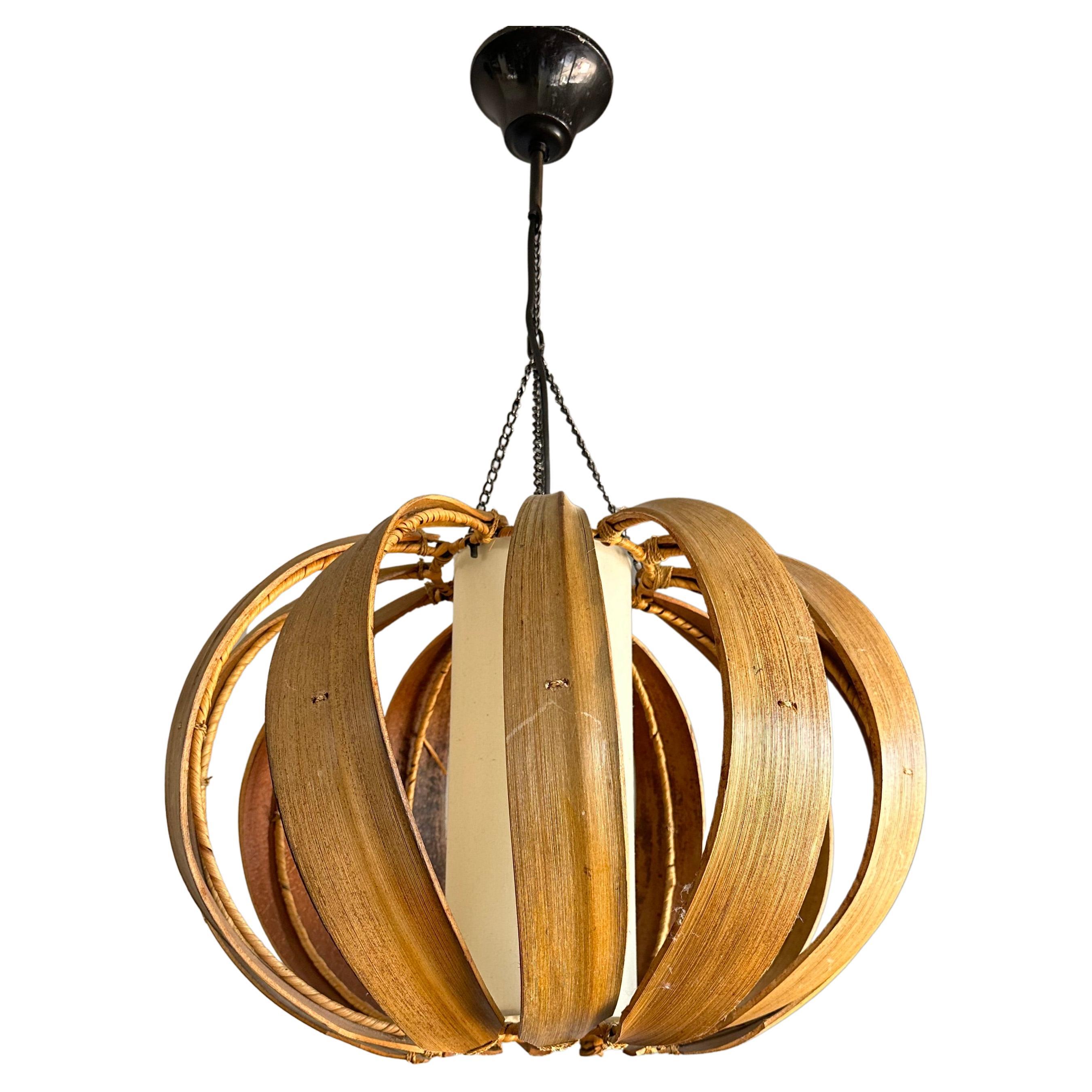 Handcrafted Mid-Century Modern Coconut Leaf, Wicker and Shade Pendant Light For Sale
