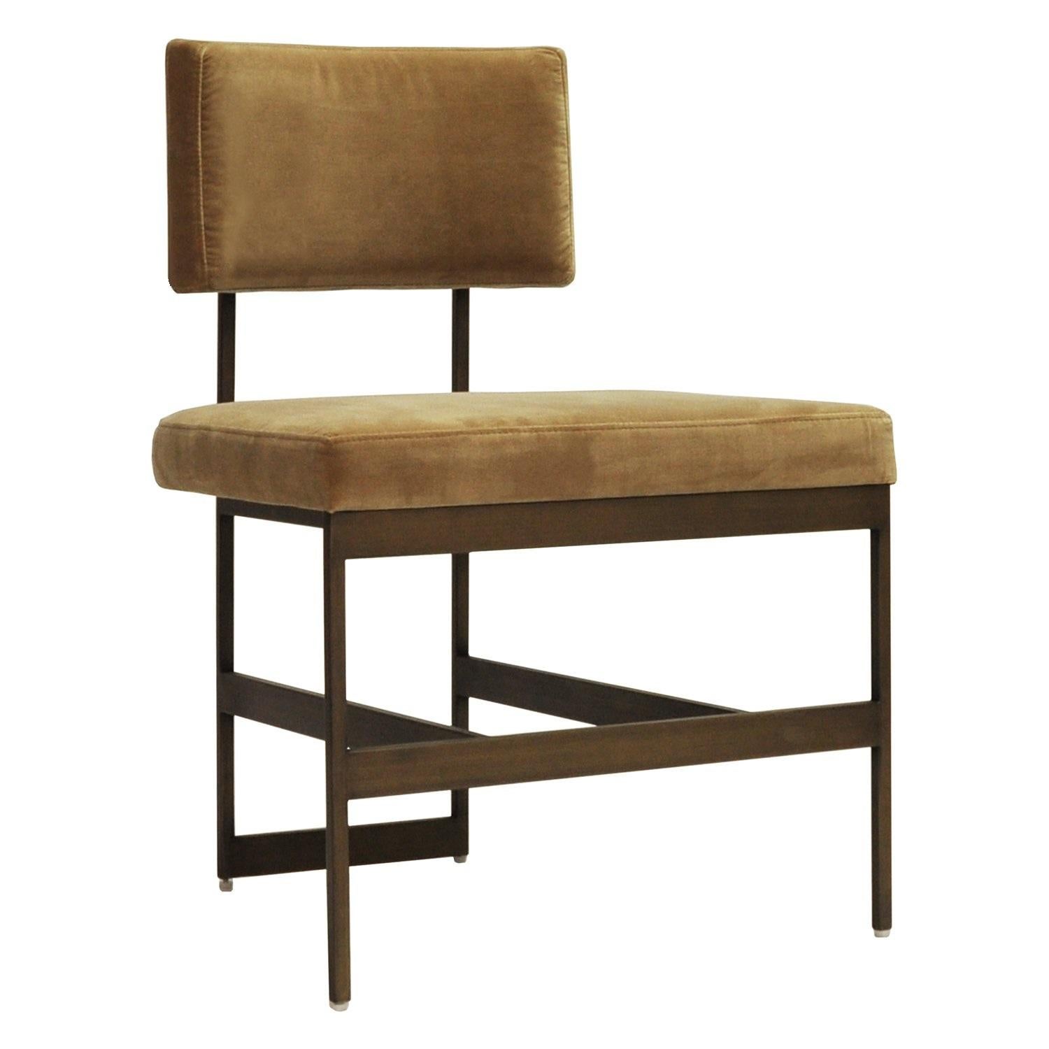 Contemporary Set of 6, Mid-Century Modern Dining Chairs in Camel Velvet and Antique Bronze