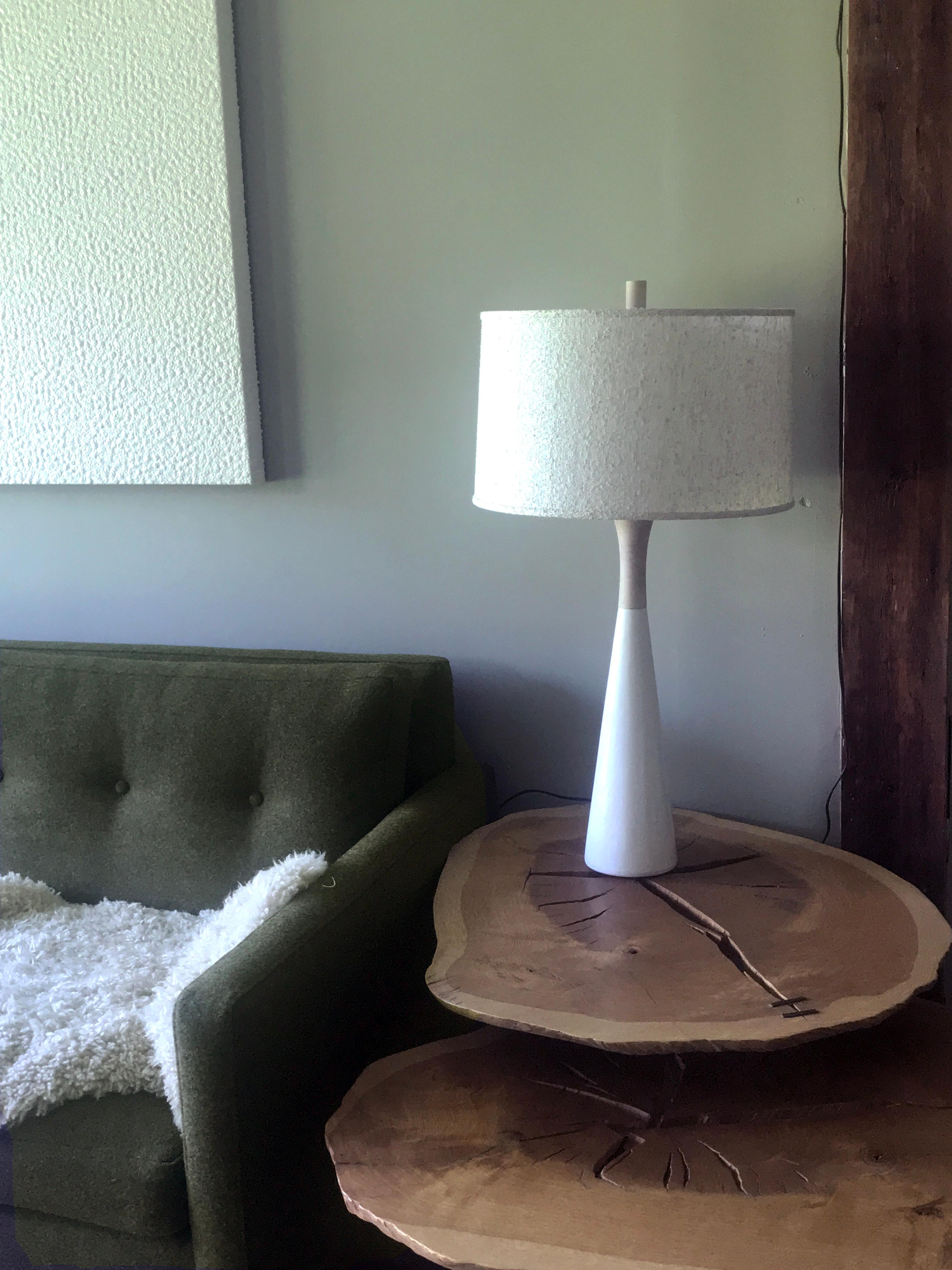 American Handcrafted Mid-Century Modern Inspired Tall Porcelain and Walnut Table Lamp For Sale