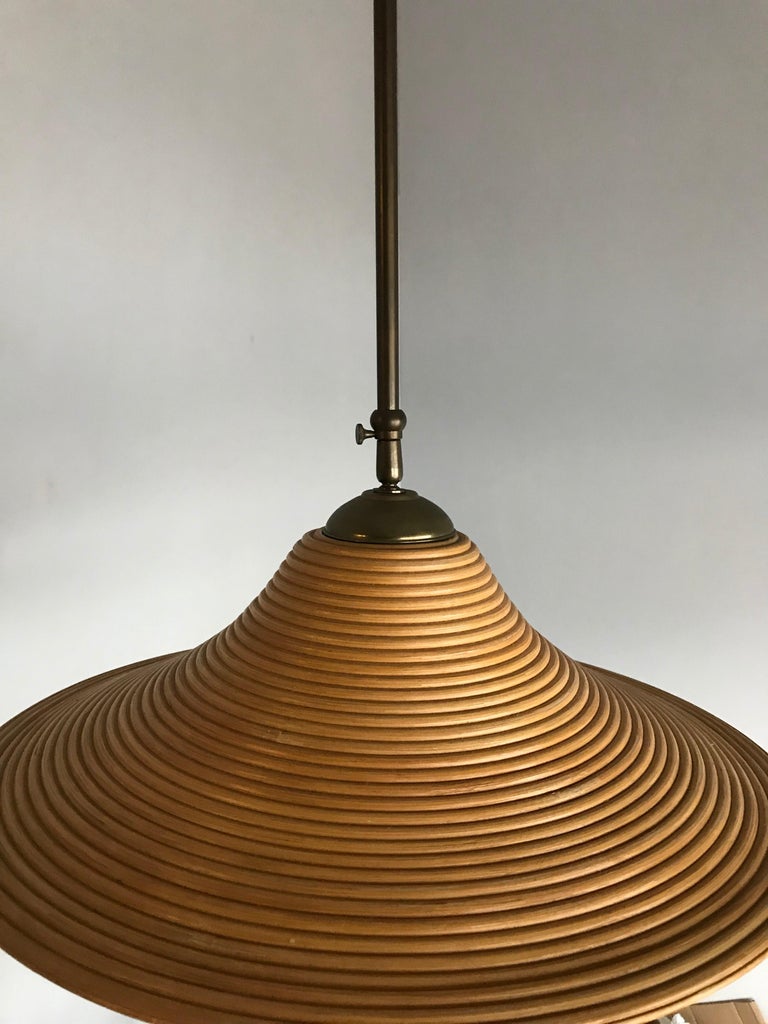 Handcrafted MidCentury Modern Rattan Pendant Light w. Adjustable Brass