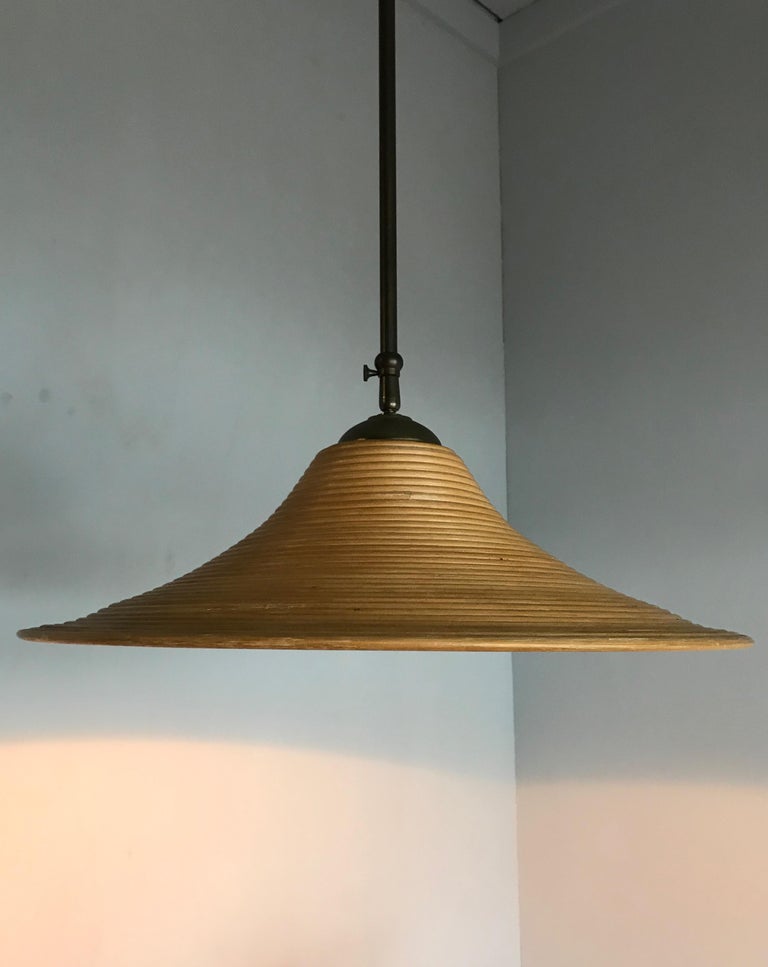 Handcrafted MidCentury Modern Rattan Pendant Light w. Adjustable Brass