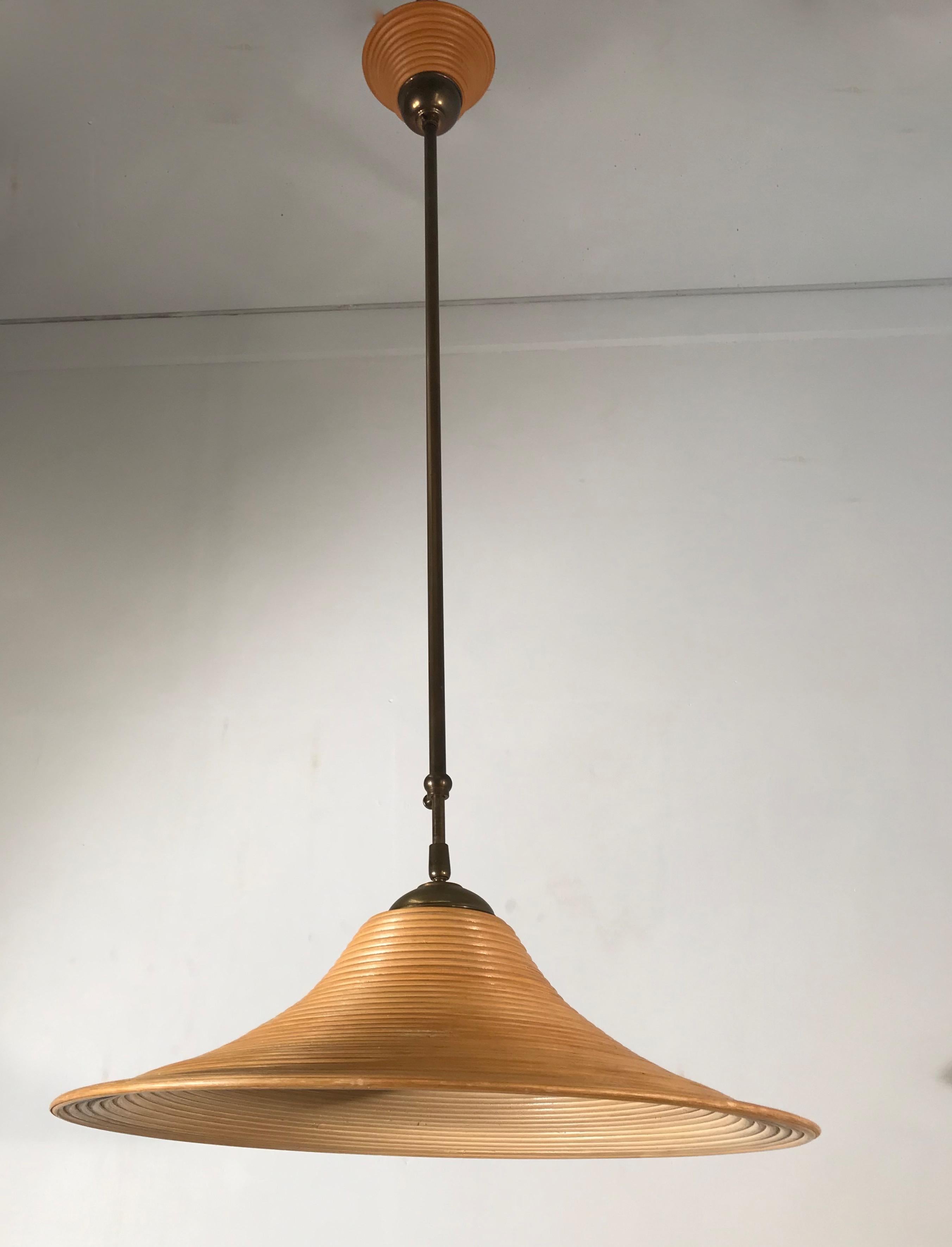 Handcrafted MidCentury Modern Rattan Pendant Light w. Adjustable Brass