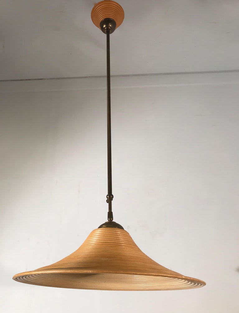 Handcrafted MidCentury Modern Rattan Pendant Light w. Adjustable Brass