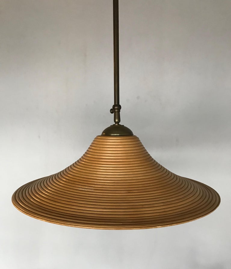 Handcrafted MidCentury Modern Rattan Pendant Light w. Adjustable Brass