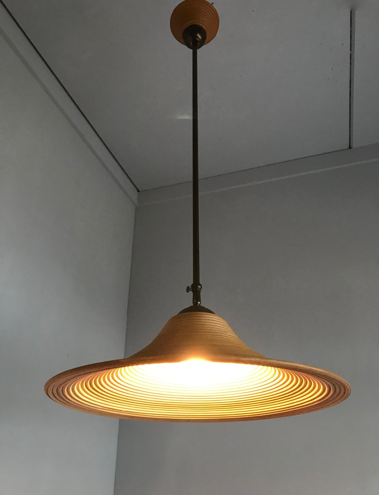 Handcrafted MidCentury Modern Rattan Pendant Light w. Adjustable Brass