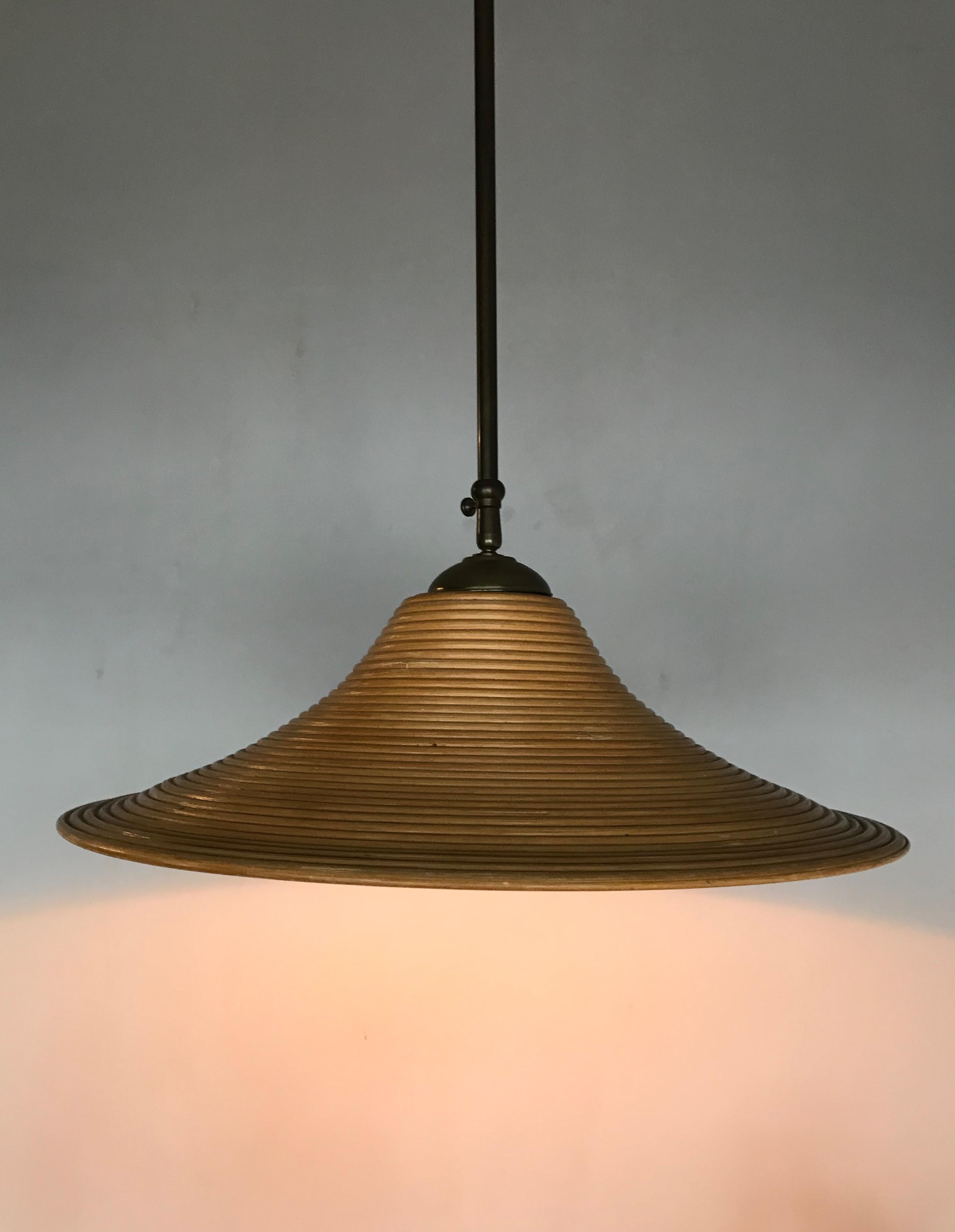 Handcrafted MidCentury Modern Rattan Pendant Light w. Adjustable Brass